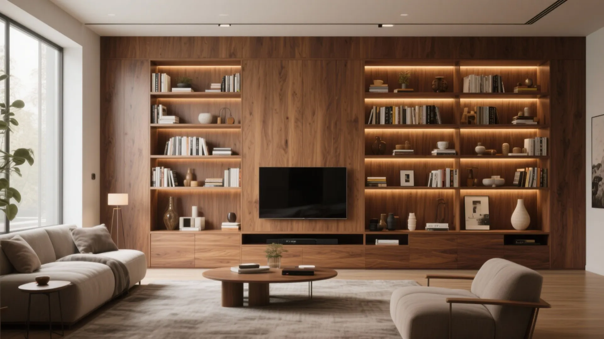 Modern living room featuring wooden wall cabinet with TV warm lights books and grey sofa