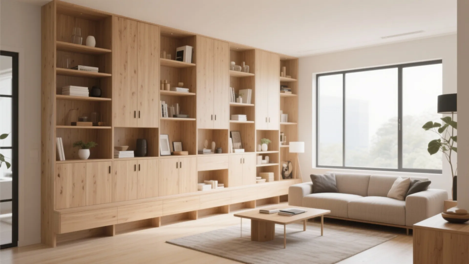 Living room with modern floor-to-ceiling built-in storage wall
