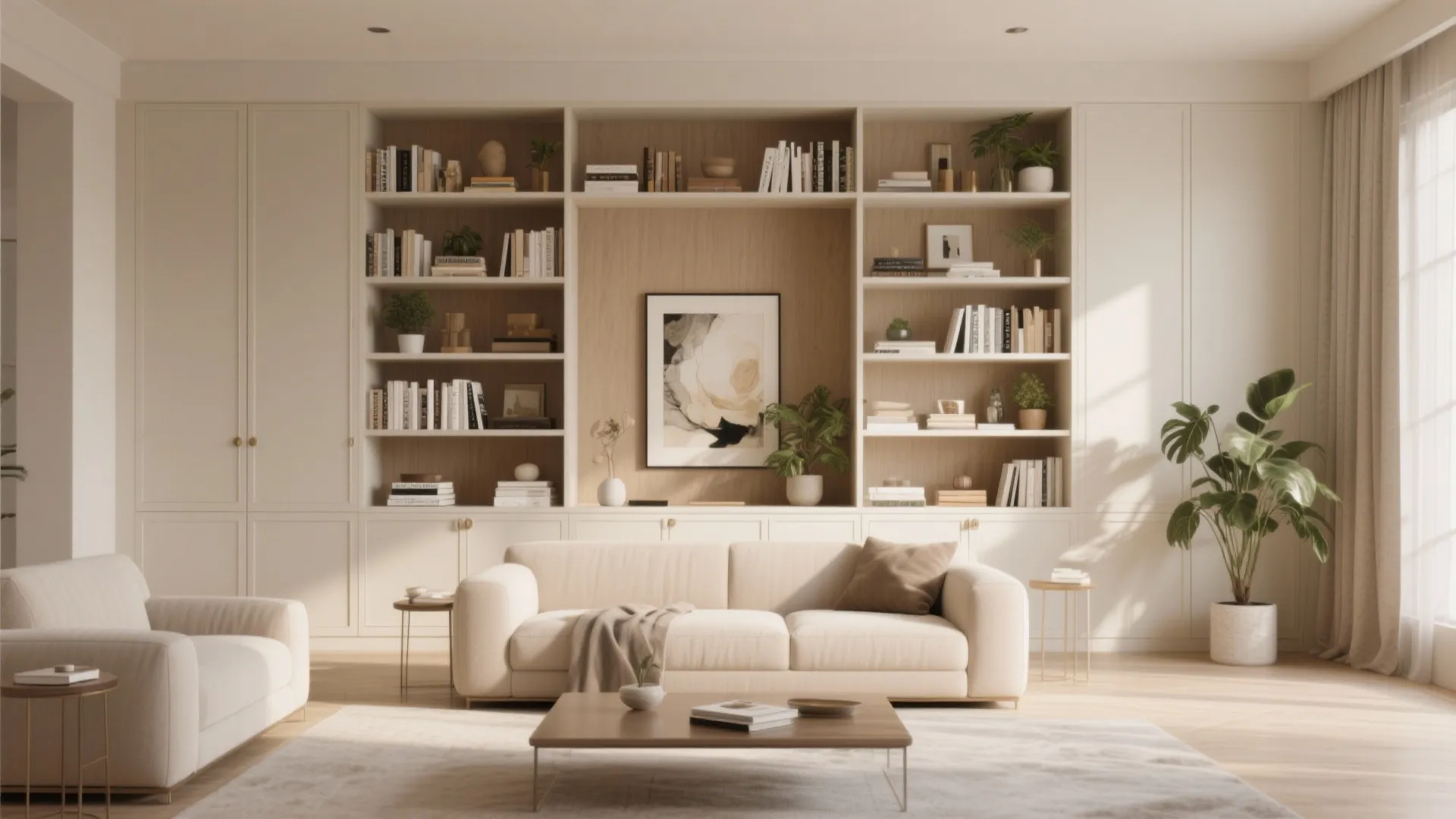 Large white wall cabinet with open shelves holding books and art behind a modern sofa