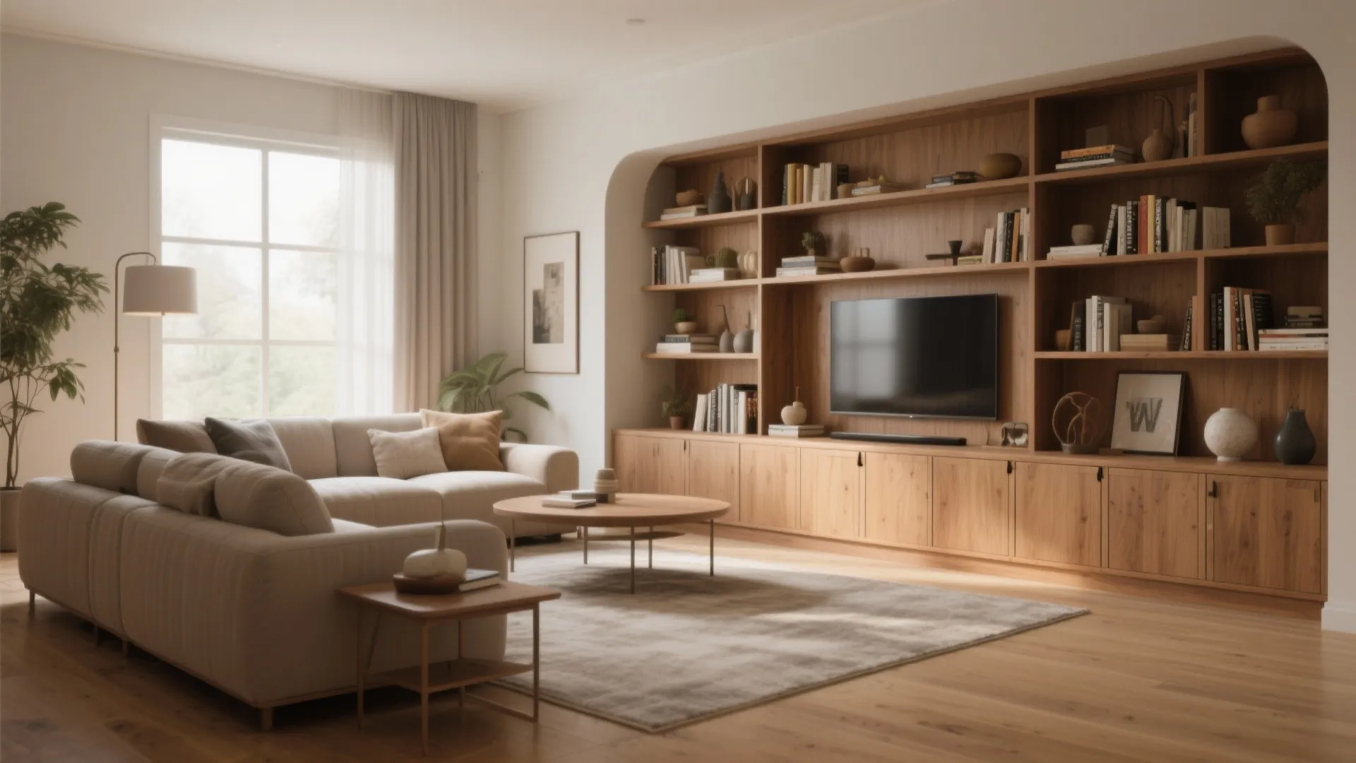 Modern living room with a large wooden wall cabinet, television, beige sofa, and natural light