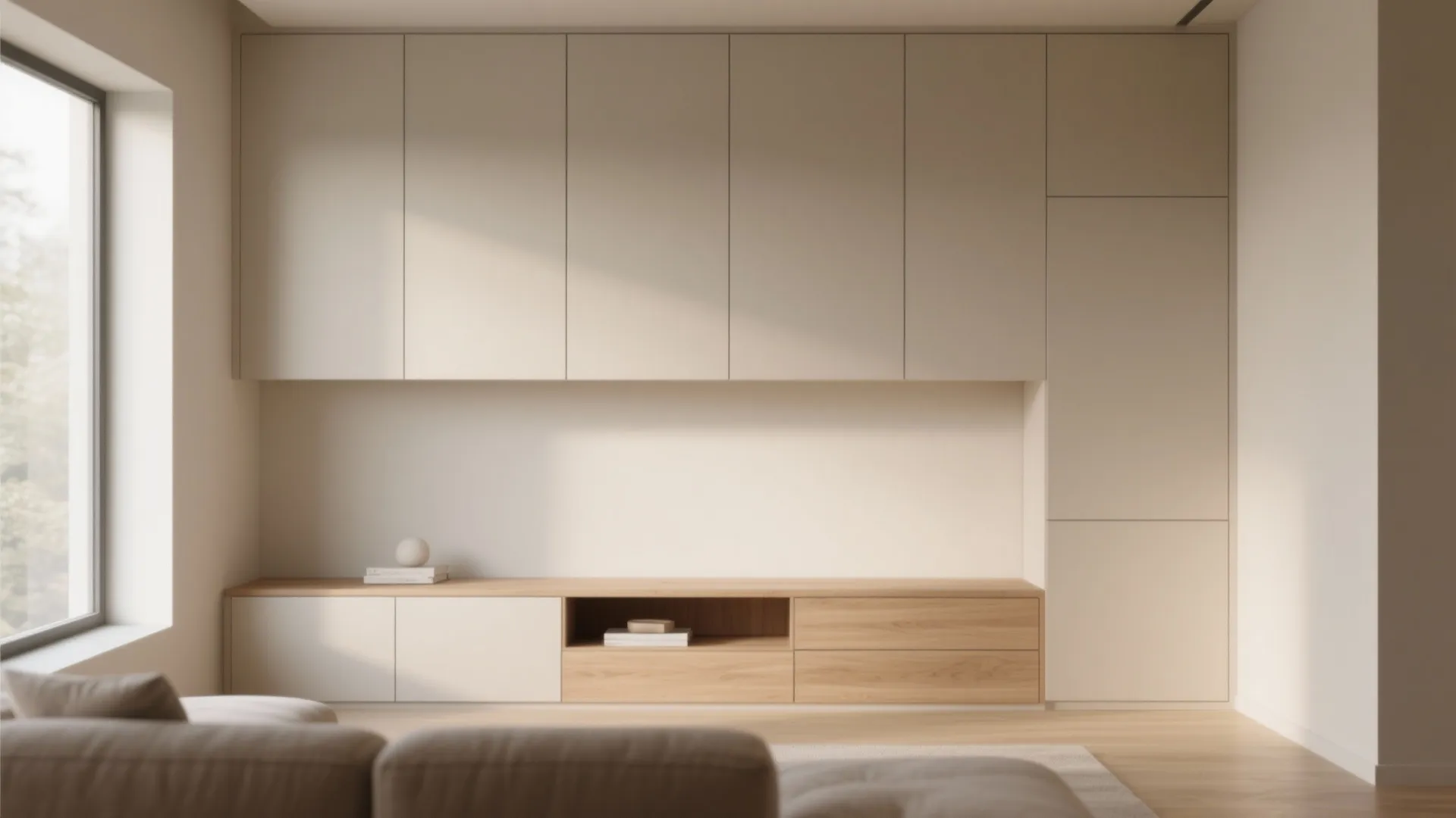 Minimalist room layout with built-in wall cabinet units wooden storage drawers and large window light