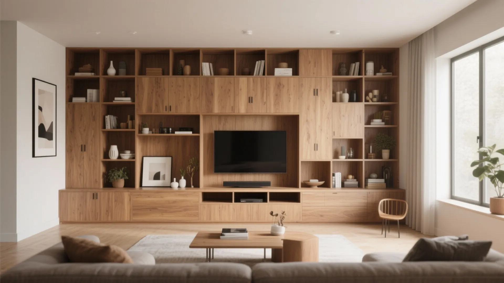 Large wooden wall cabinet system with built in shelves storage television and natural window light