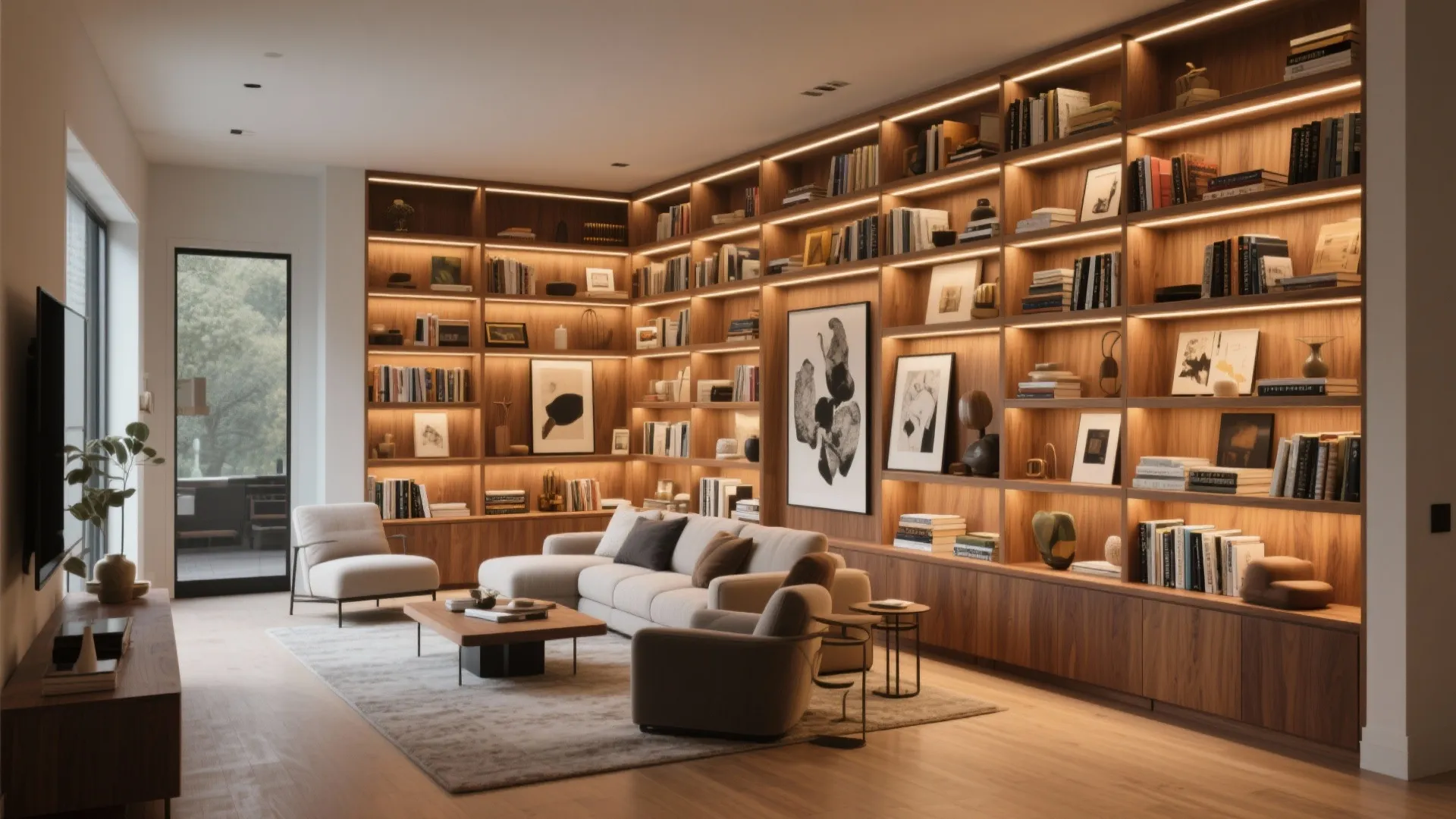 Built-in storage wall in modern living room