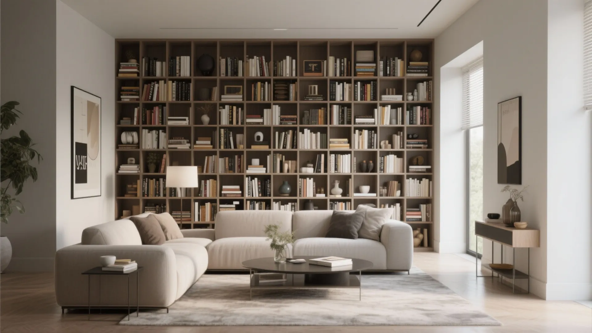 Large floor to ceiling bookshelf filled with books behind a white sofa in bright room