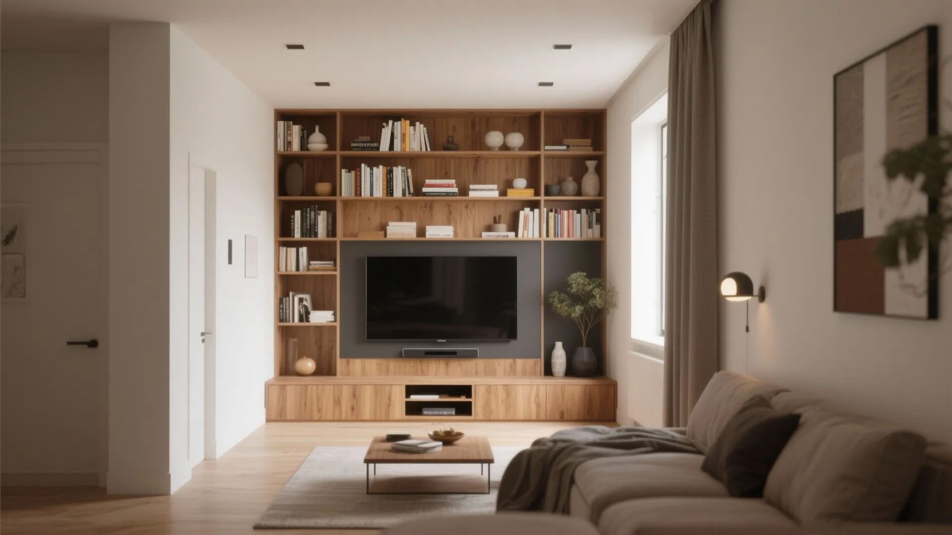 Modern living room with a large wooden wall cabinet books and a flat screen TV