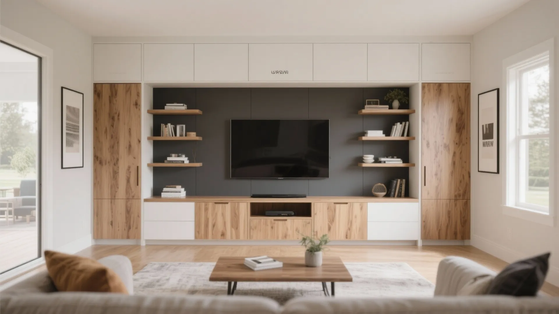 Living room with large wooden wall cabinet unit television shelves books and a small plant