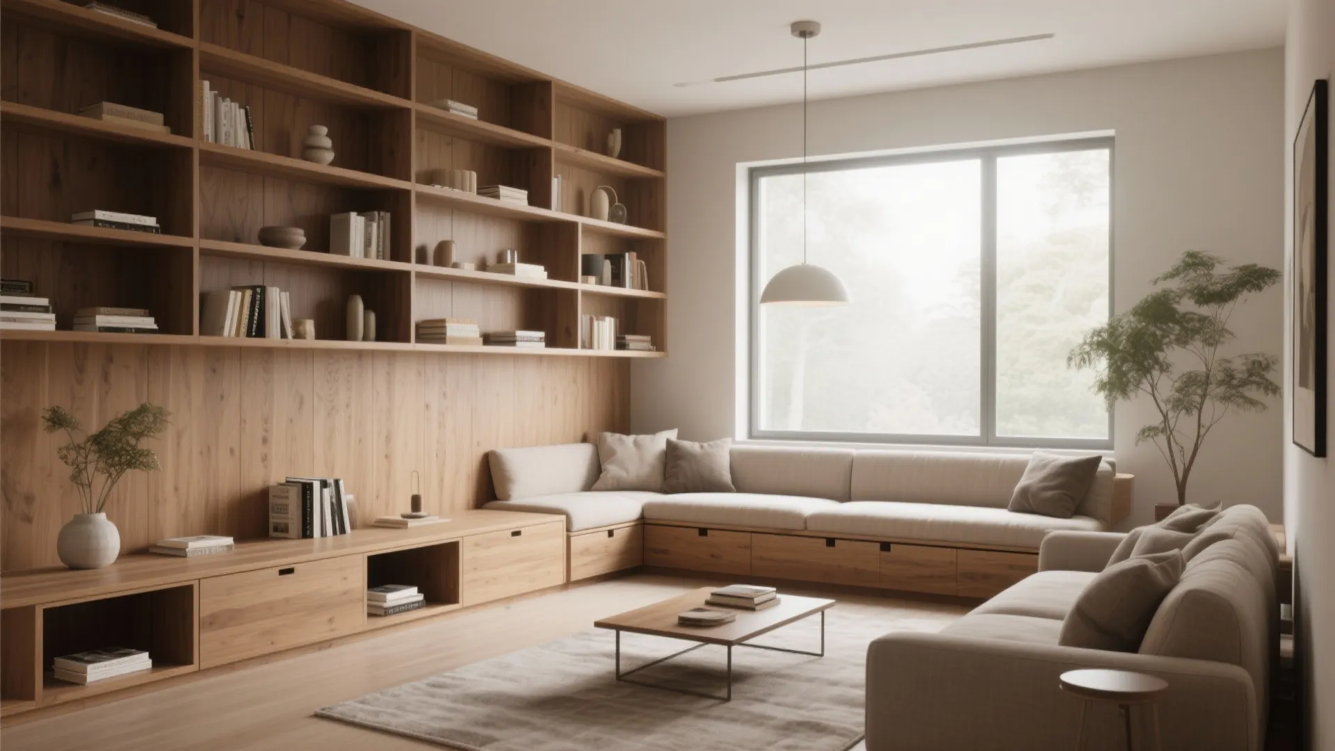 Modern living room featuring large wooden wall bookshelves with built in seating and natural light