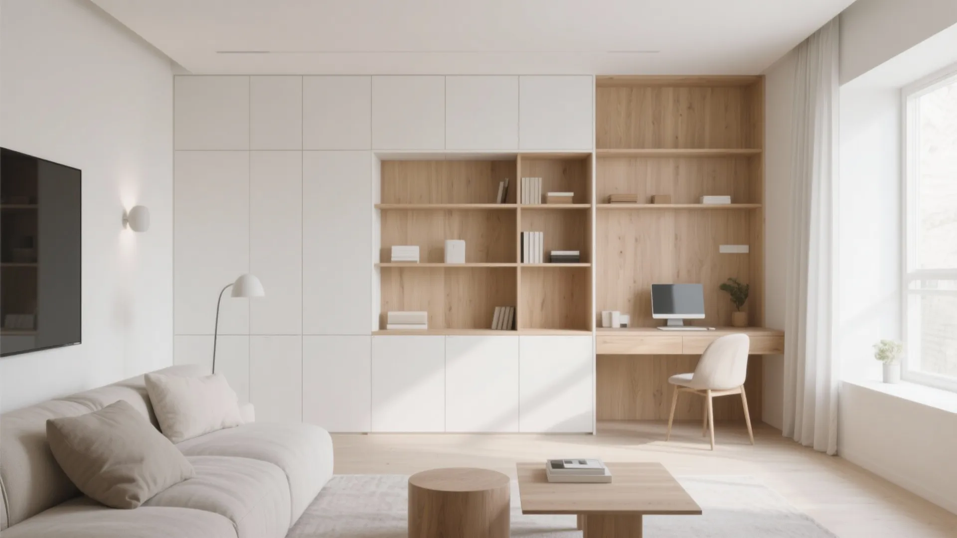Modern white living room with built-in wooden bookshelves, minimalist desk, grey sofa, and natural light