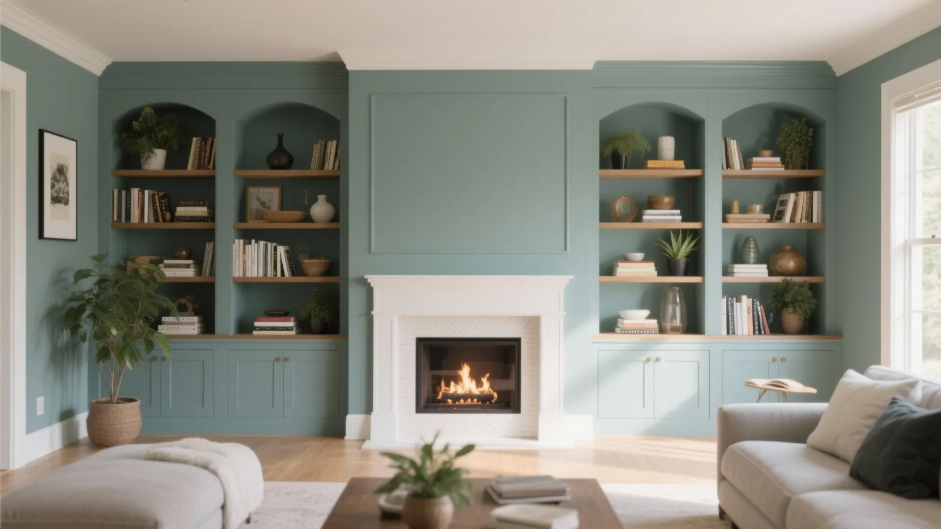 Living room with green wall cabinets white fireplace wooden floor books plants and white sofa
