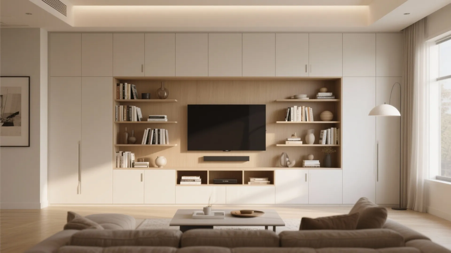 Large white wall cabinet with built in shelves and television in a modern living room