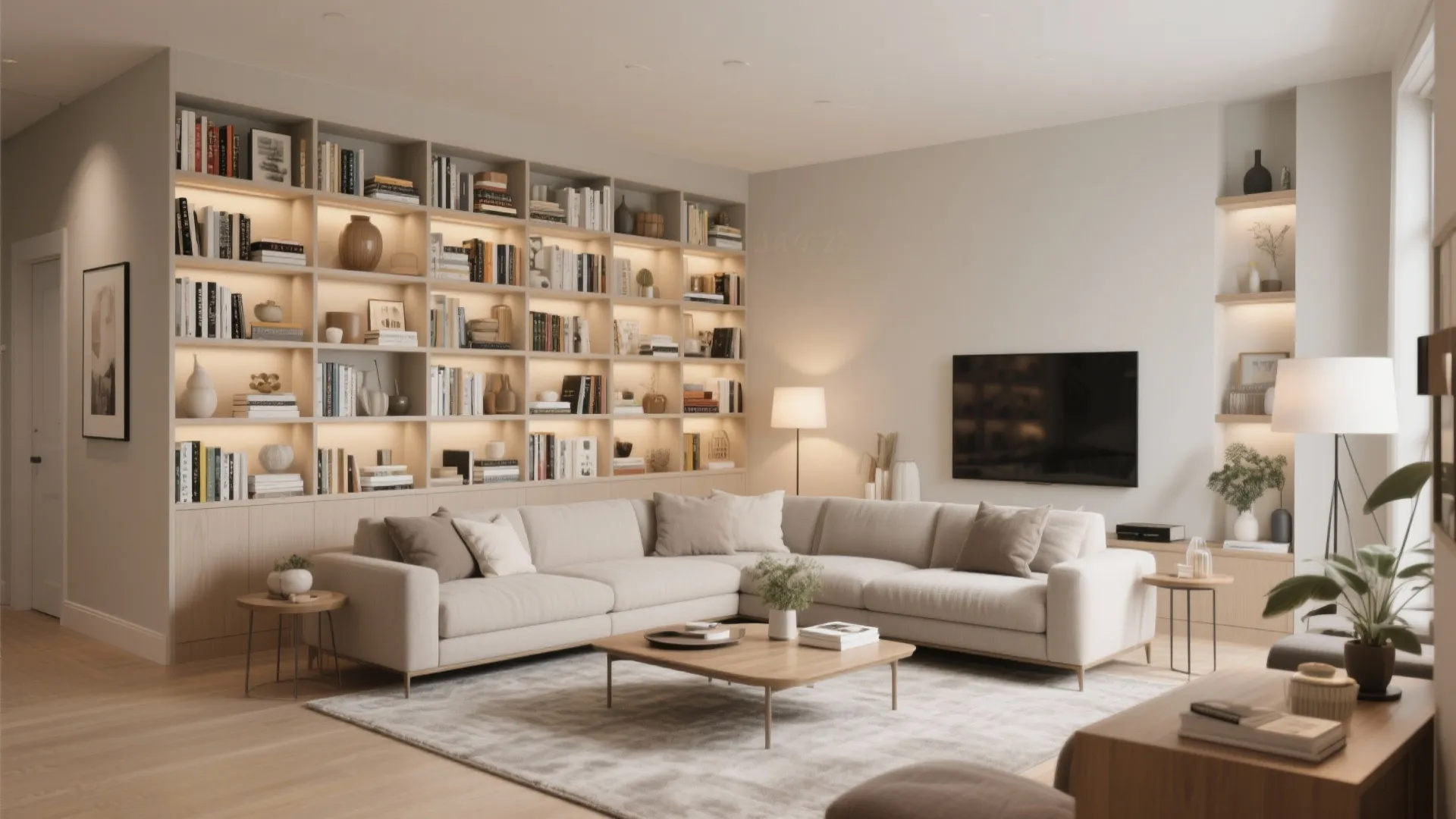 Large living room featuring tall built-in bookshelves with lights, white corner sofa, and wooden table