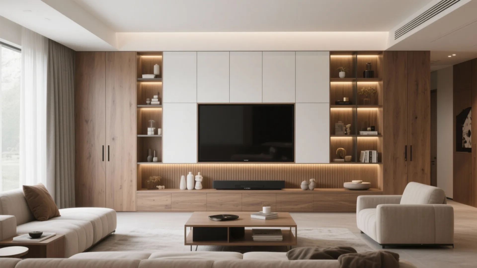Large wooden living room cabinet with built in television shelves warm lighting and white wall panels