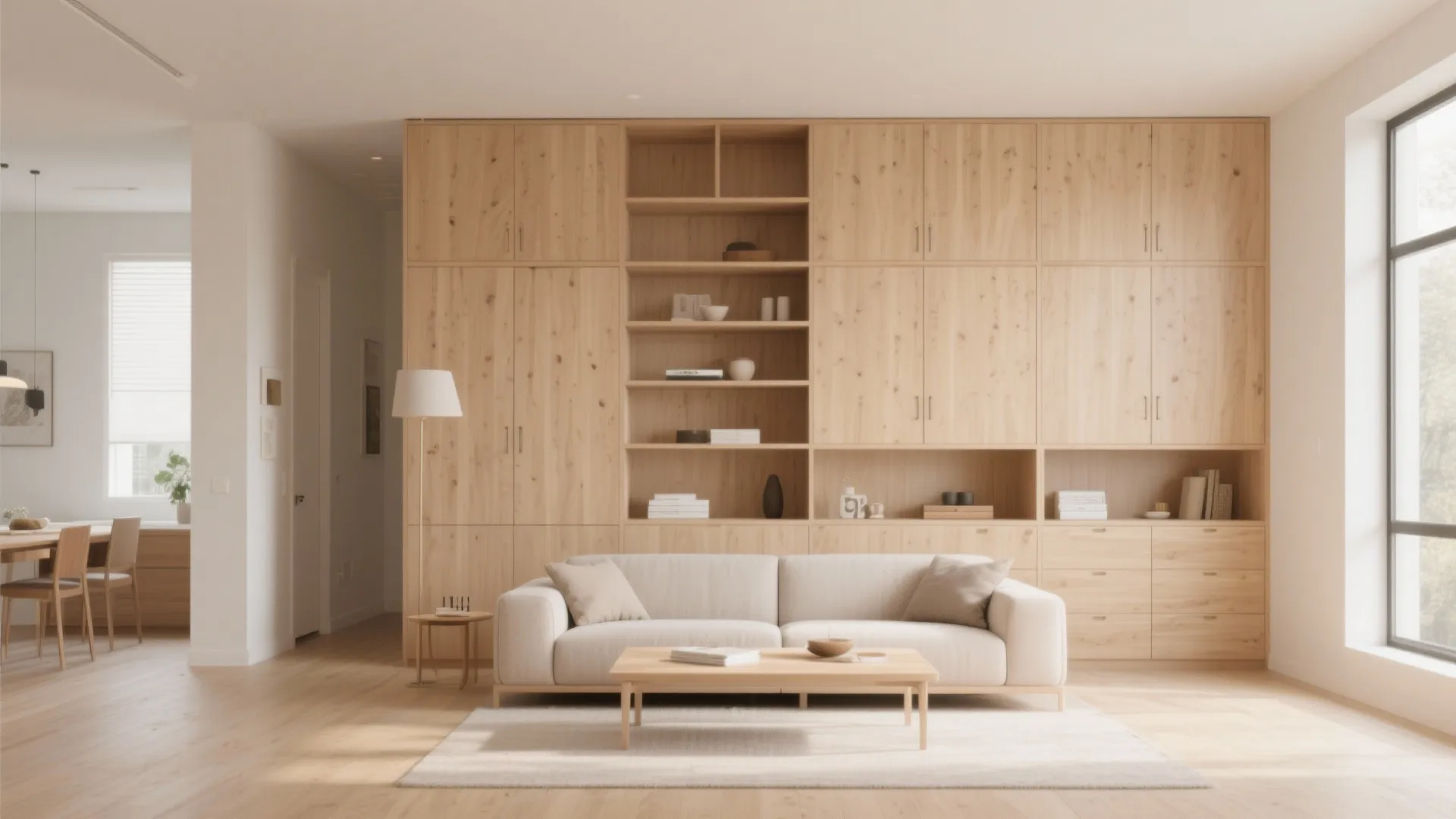 Minimalist living room featuring large wooden wall cabinet, beige sofa, floor lamp, and natural light