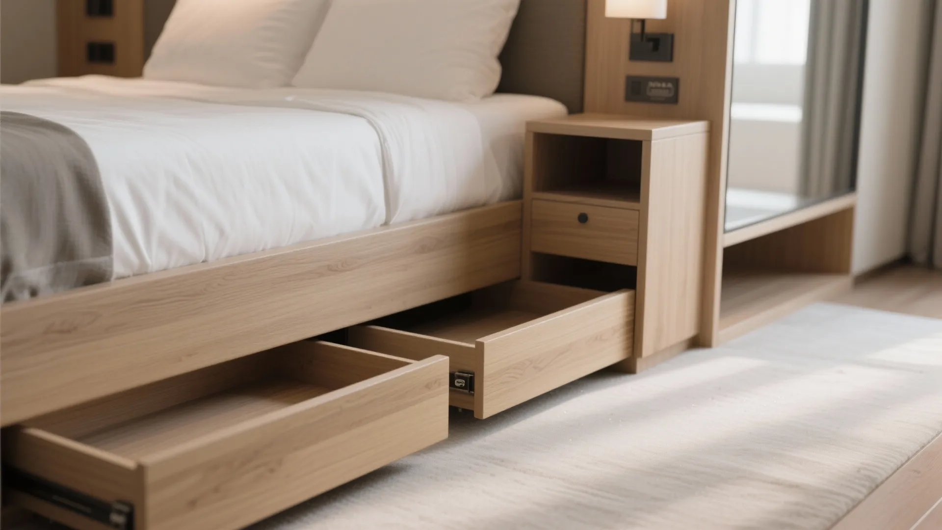 Modern wood bed frame featuring two large pull out storage drawers for extra bedroom space