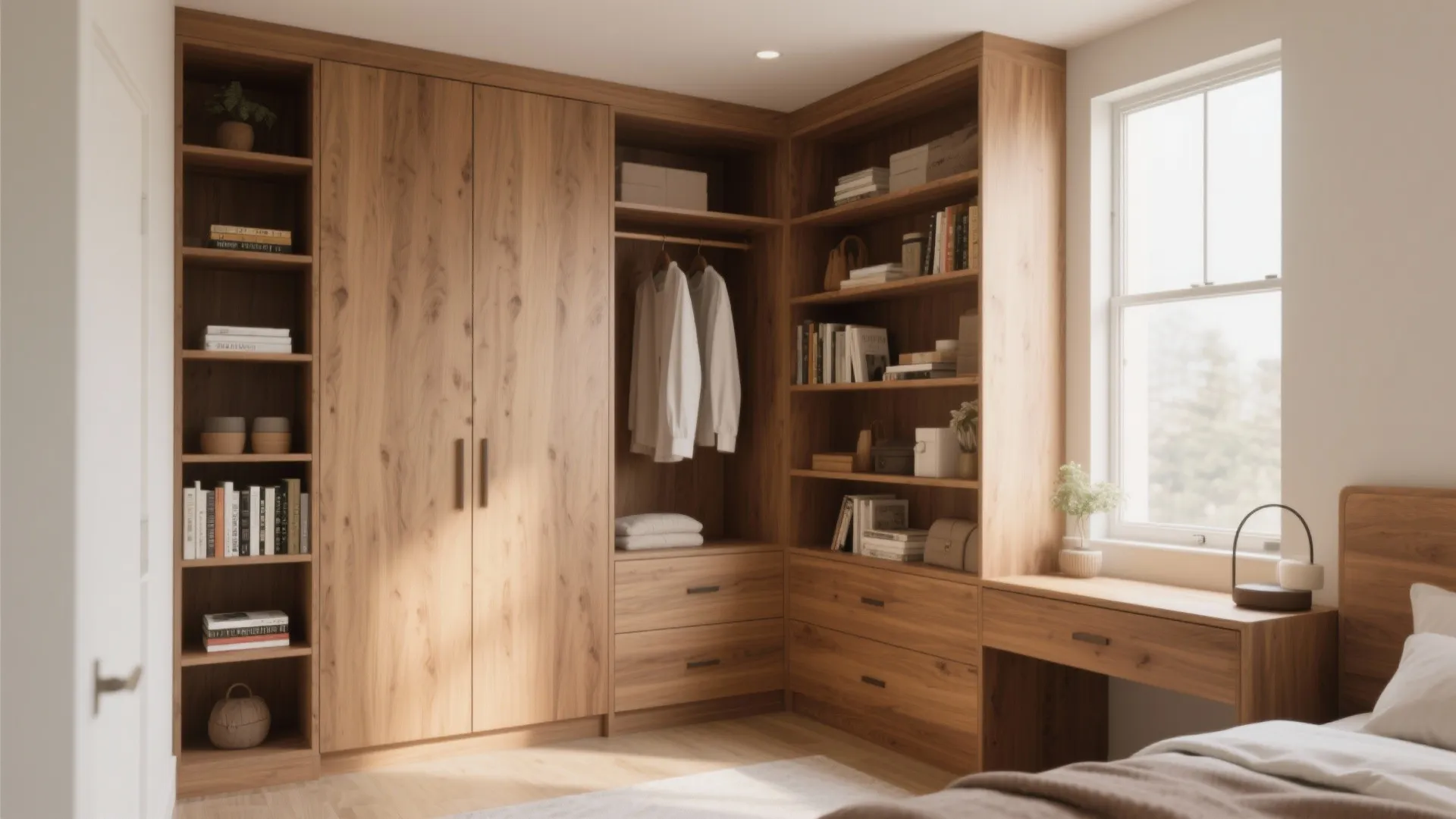 Large wooden corner cabinet with hanging clothes open shelves desk and window in a bright bedroom