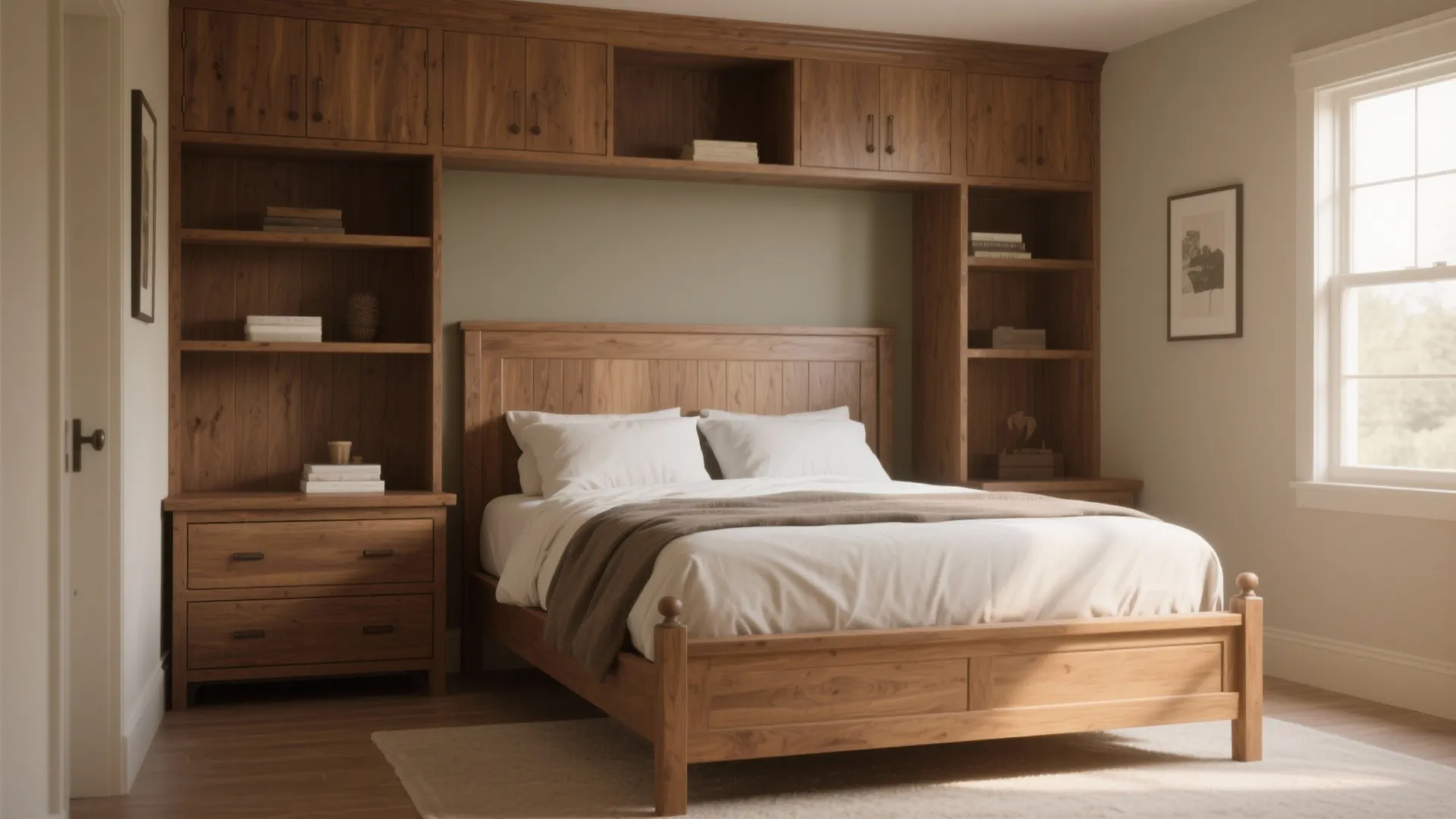Mission style bedroom with oak built-in storage solutions