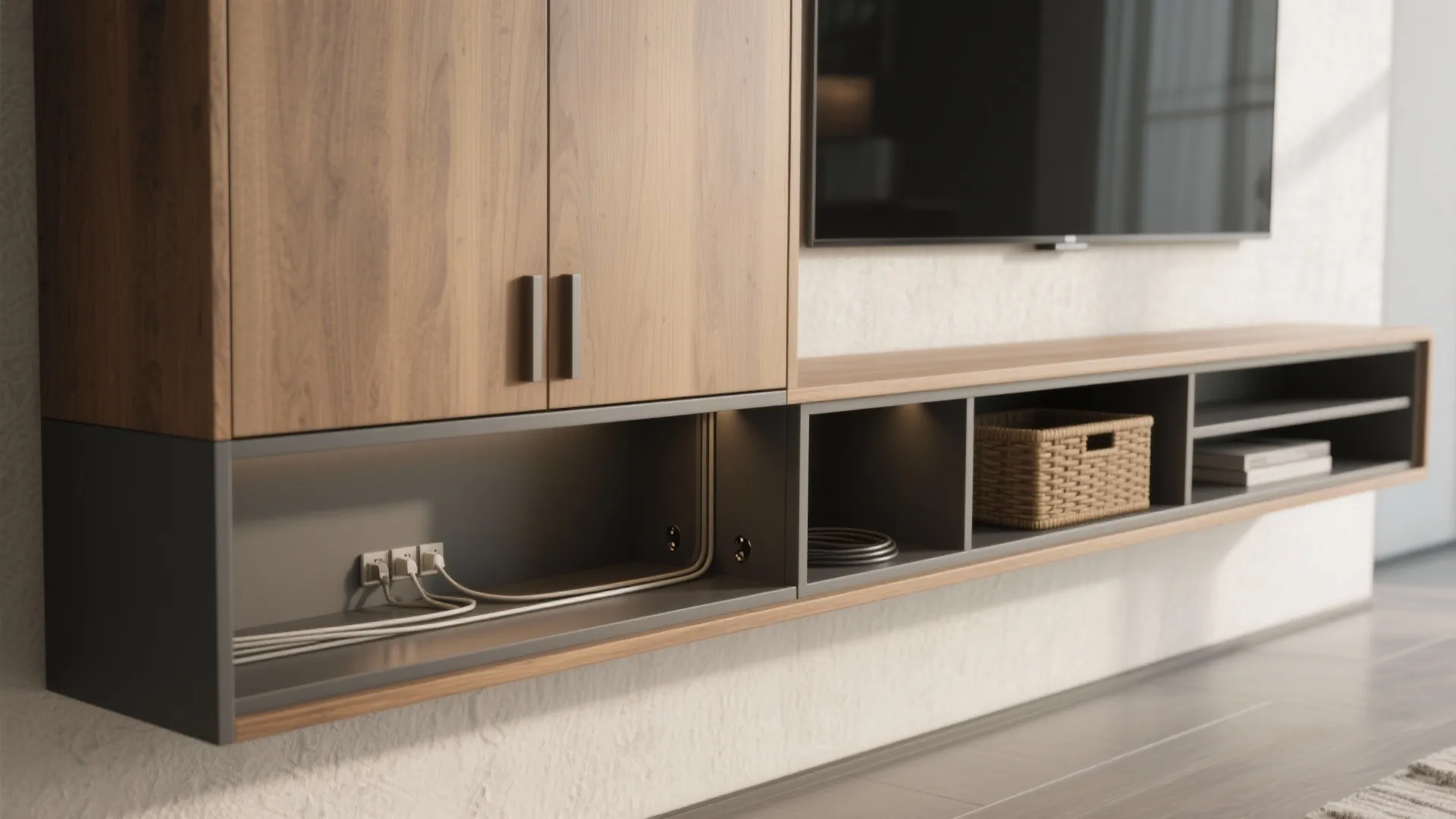 Close up of wooden wall cabinet and shelf with hidden wires connected to power wall outlets