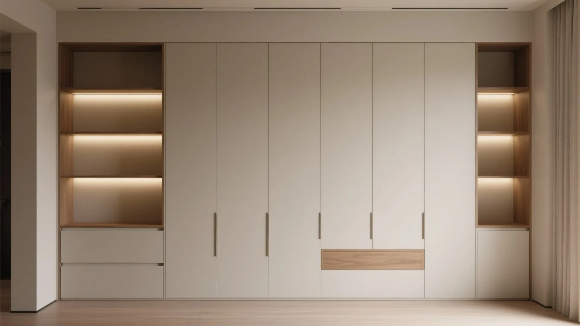 Seamless built-in cabinets with flush fronts and recessed handles blending into a living room wall with integrated LED strips.