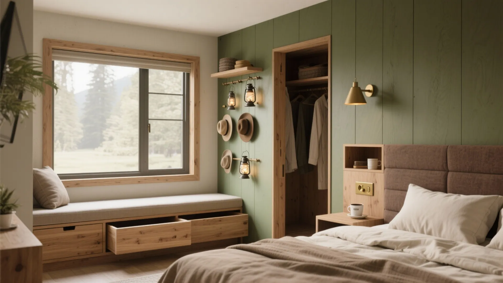 Small lodge room with window-seat drawers, headboard cubbies, peg rail, and a tucked coffee nook