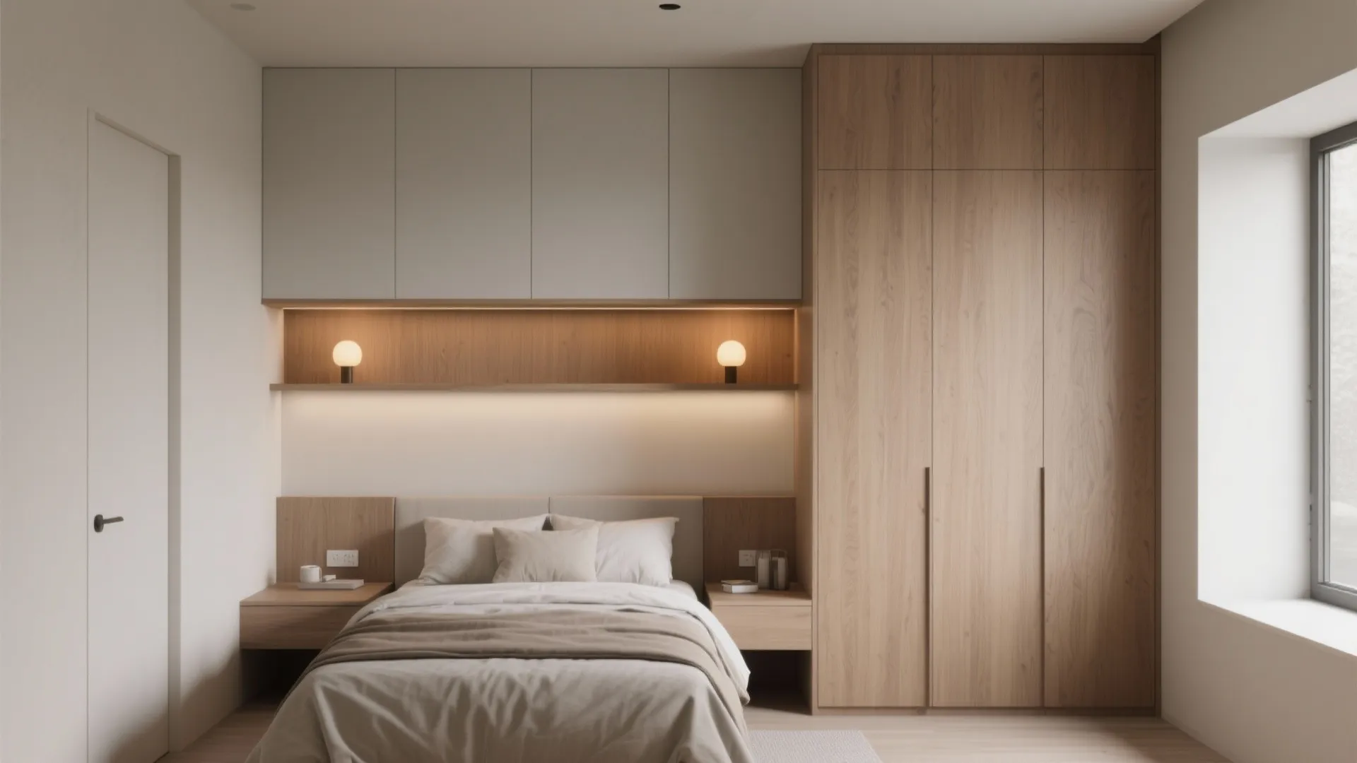 Modern bedroom with wooden cabinet storage units and built in lights above a double bed