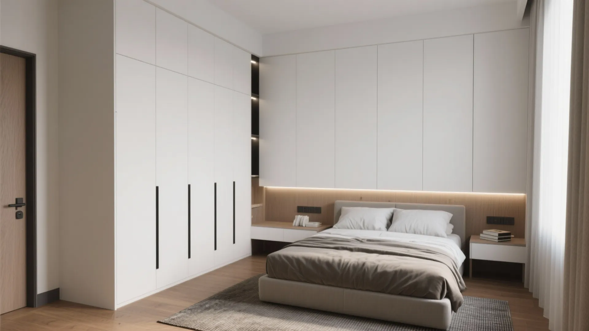 Modern bedroom with white built-in storage cabinets, cozy bed, wooden floor, and soft warm lighting