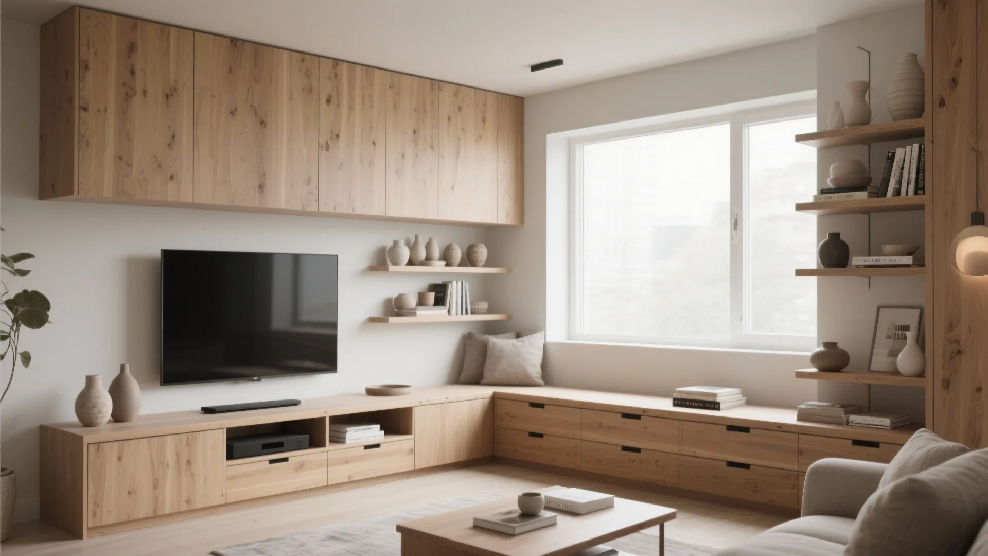 Modern living room featuring wooden cabinets with television and open shelving for books and decor