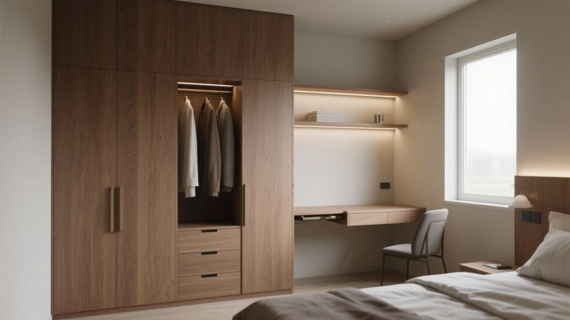 Modern wooden wardrobe with built-in desk, shelving, clothes hanging area, drawers, and warm interior lighting