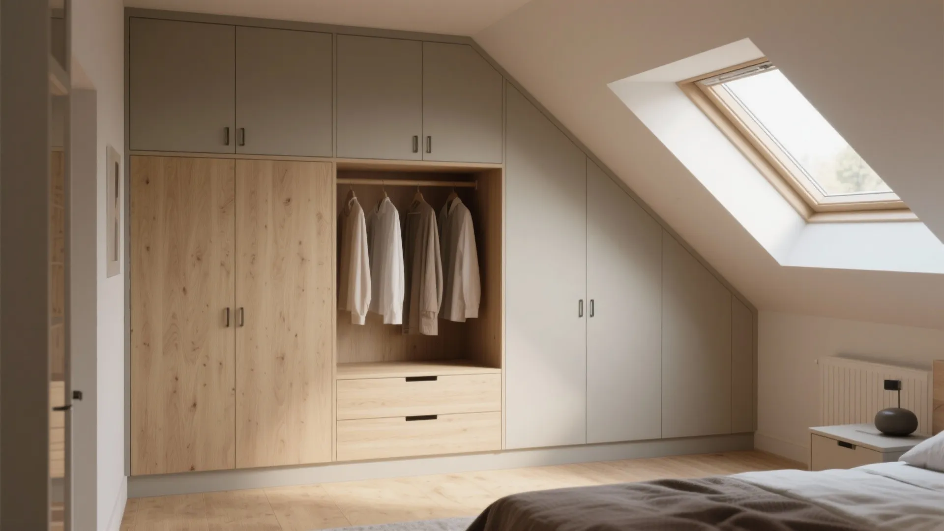 Custom built in wardrobe with wood and grey panels under a sloped attic roof window