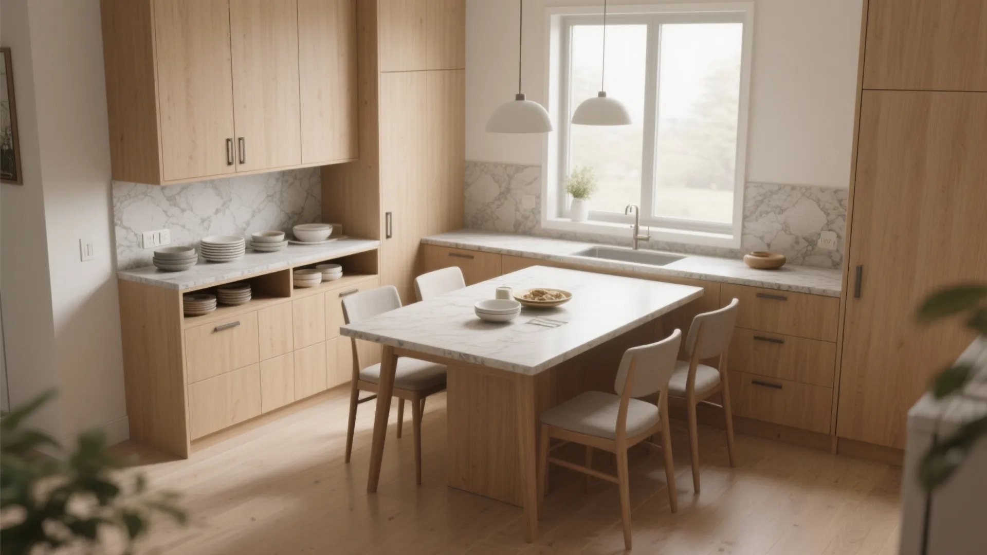 Modern kitchen with wood cabinets, marble counters, dining island, hanging lights, and large bright window