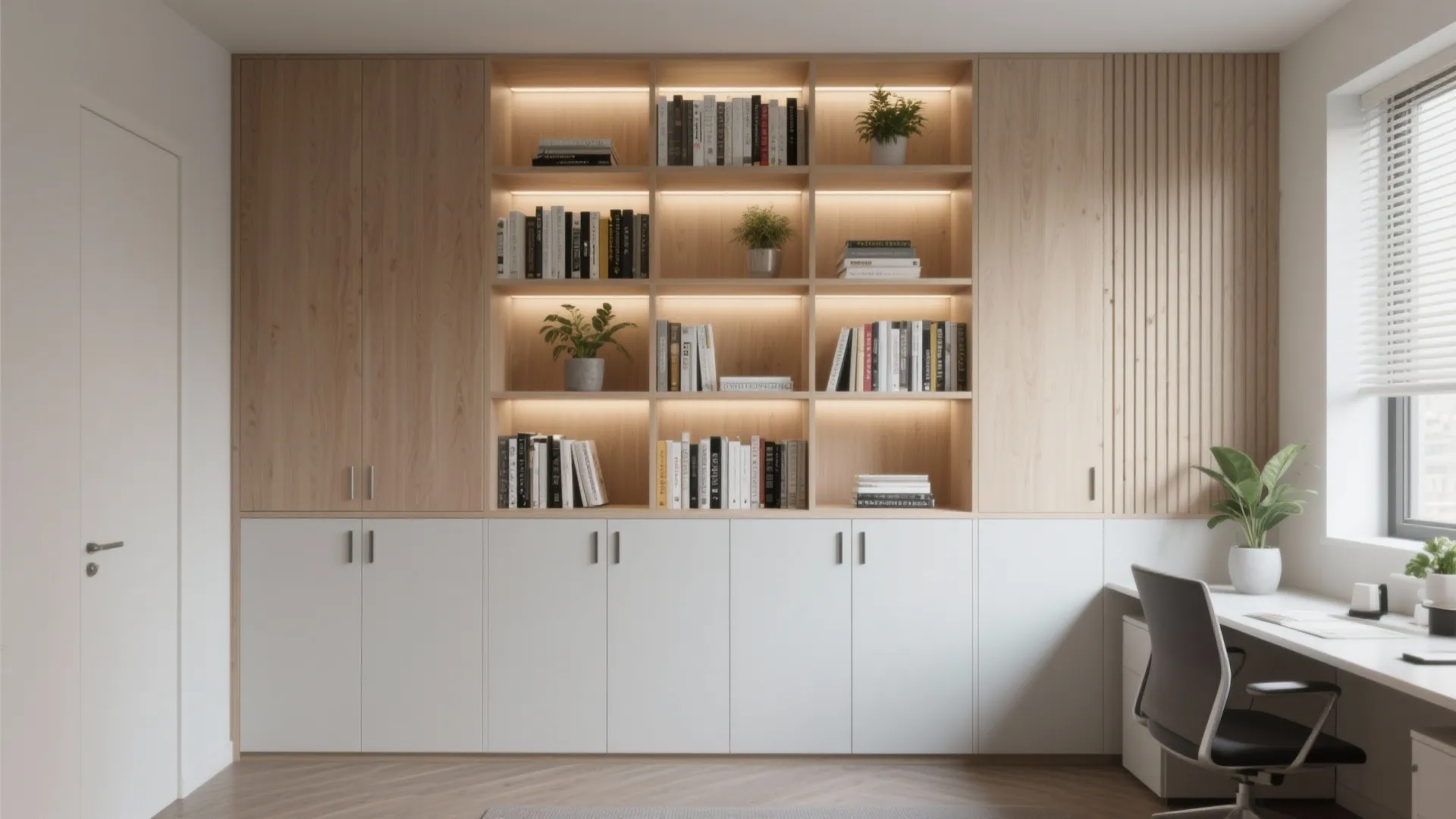 2. Built-in wall of mixed open and closed storage
