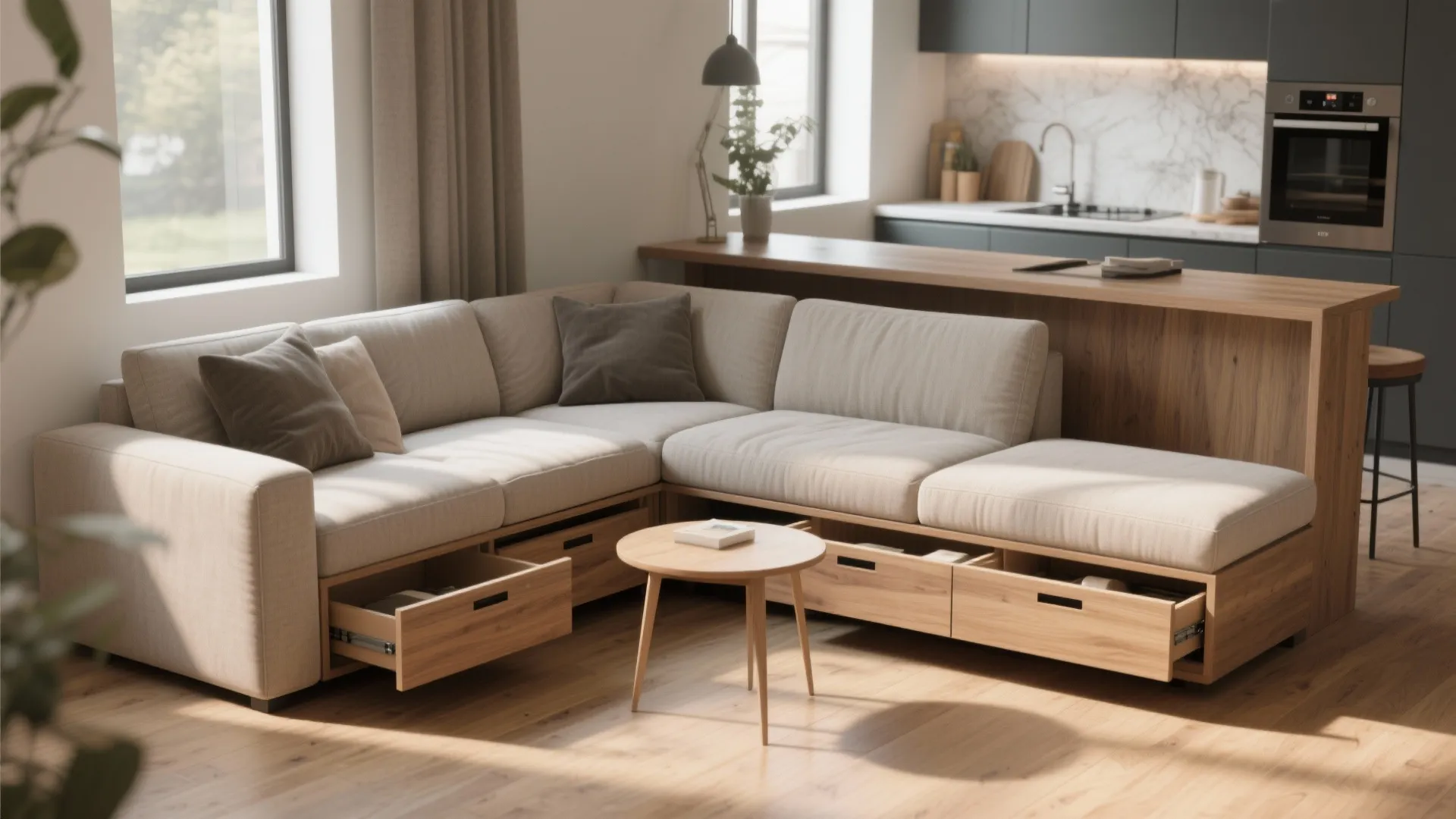 Modern beige sofa with built in wooden storage drawers and small round wooden coffee table