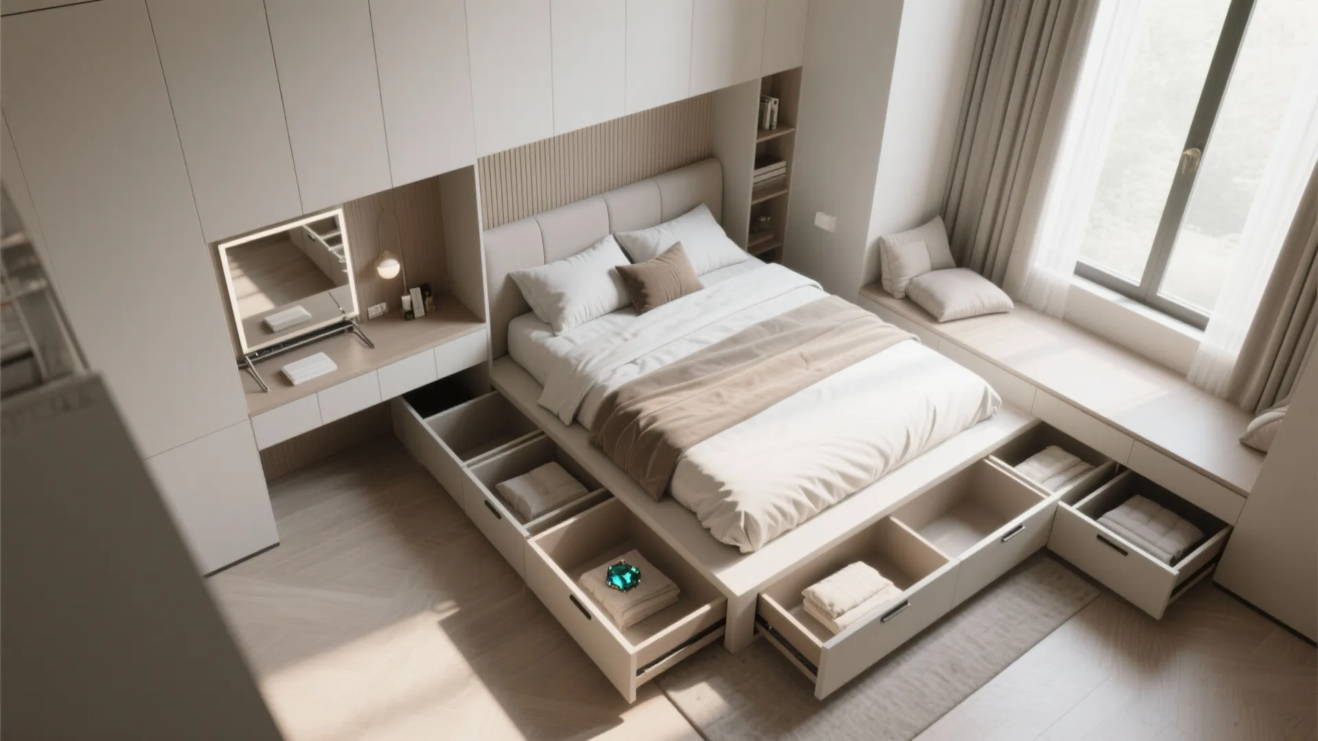 Modern bedroom with built-in storage drawers under bed white wardrobes and a small makeup desk