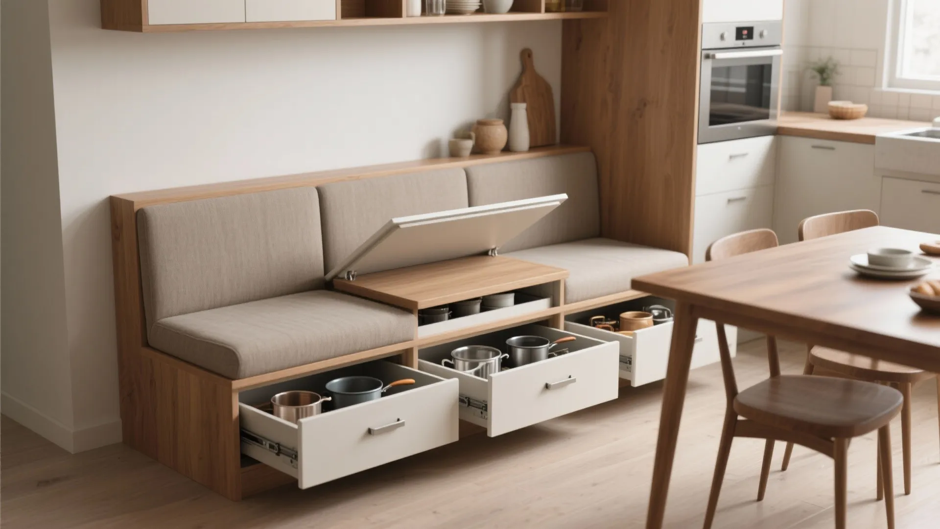Wooden bench with beige cushions and open white drawers for storing pots in modern kitchen