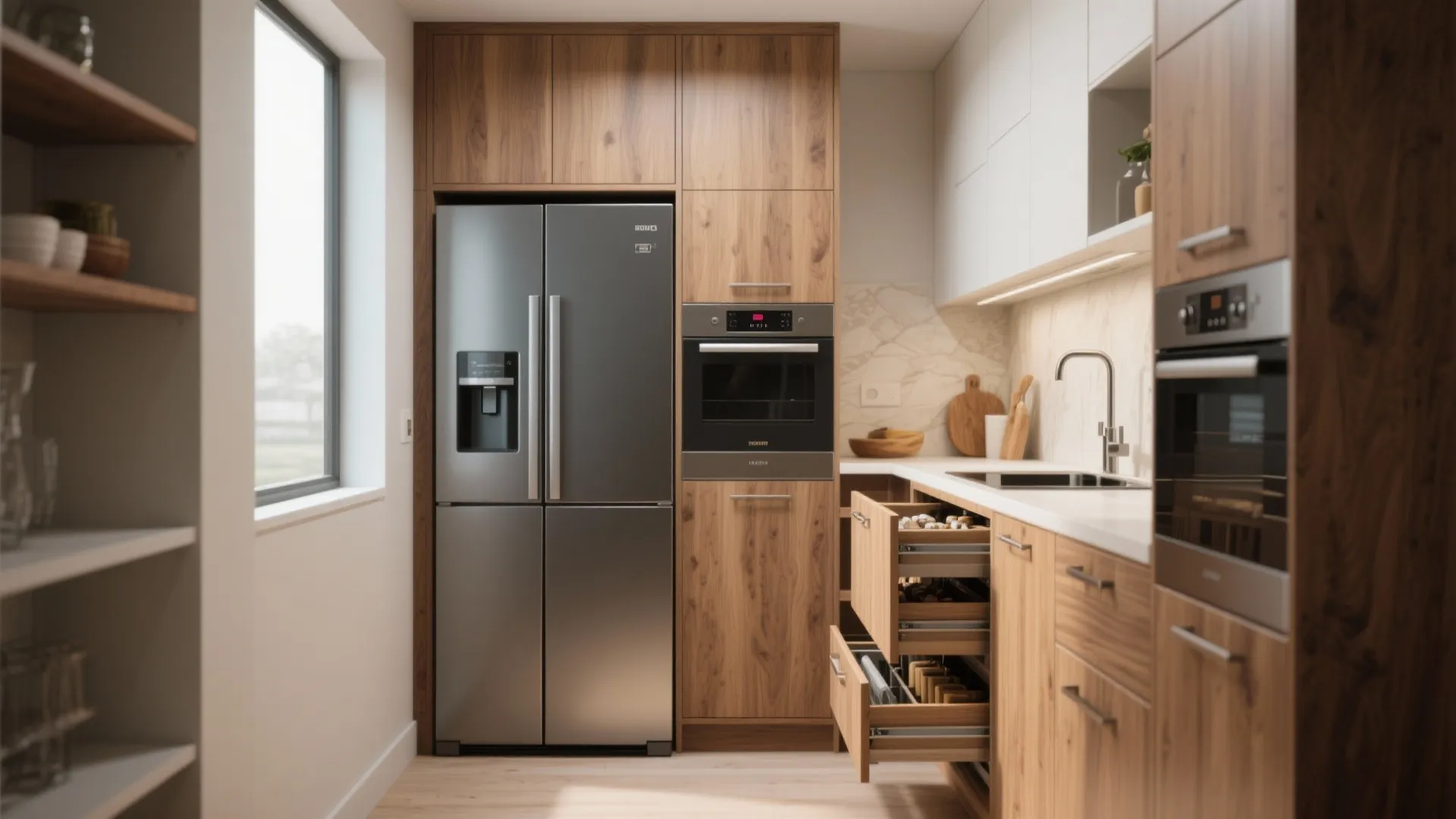 5. Built-in storage and integrated appliances with a wood aesthetic