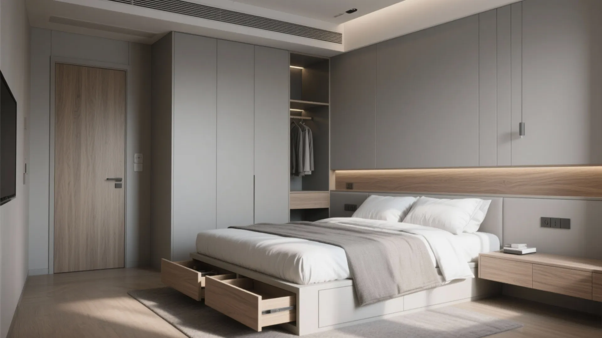 Modern bedroom with built-in grey cabinet, bed with storage drawers, wooden door, and neutral walls