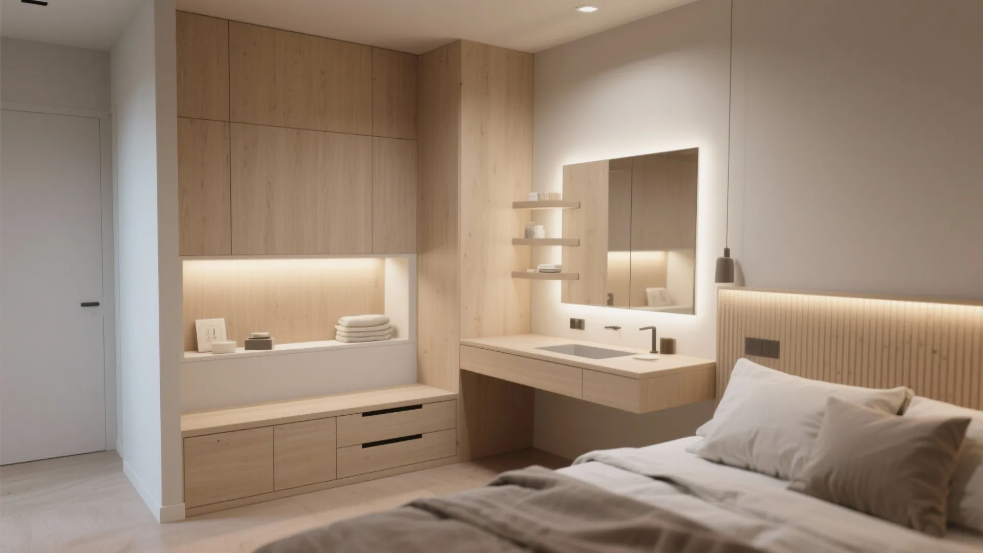 Modern bedroom interior with wooden storage cabinet plus integrated desk and mirror with light fixture