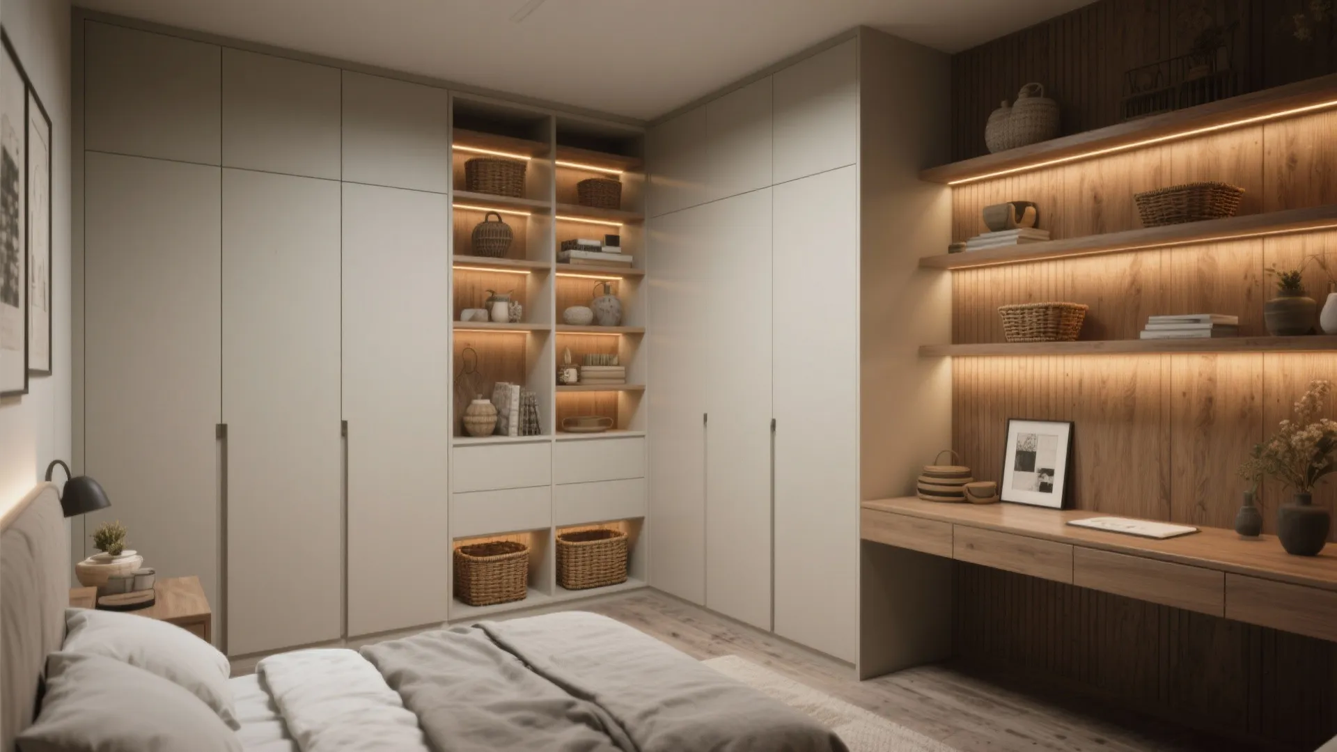 4. Built-in storage with open shelving accents