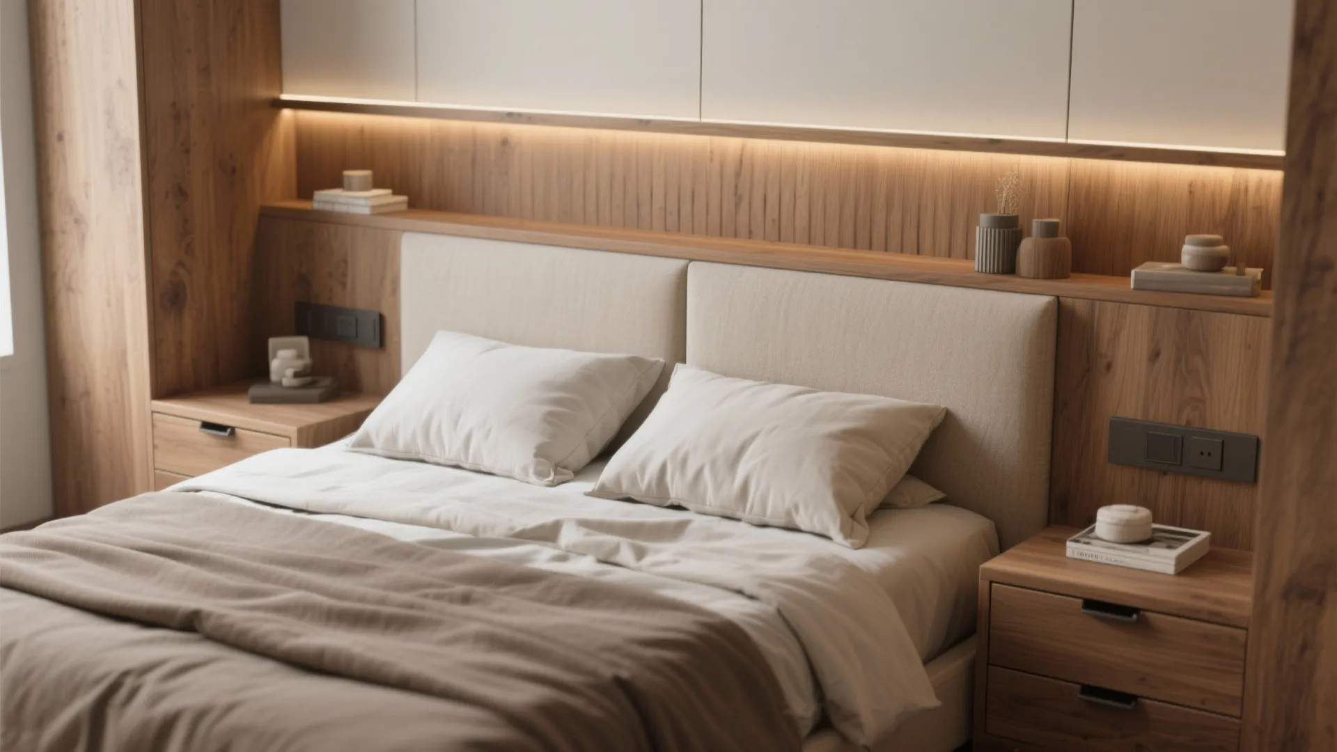 Close up of bed with white pillows and wooden wall panel showing warm built-in light fixture