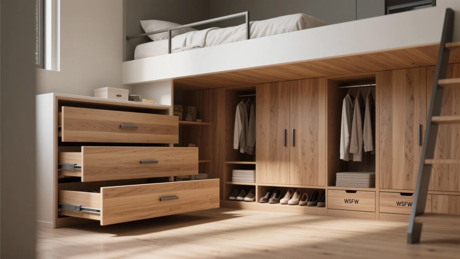 2. Built-In Storage Loft: Drawers, Wardrobes, and Shelves Below