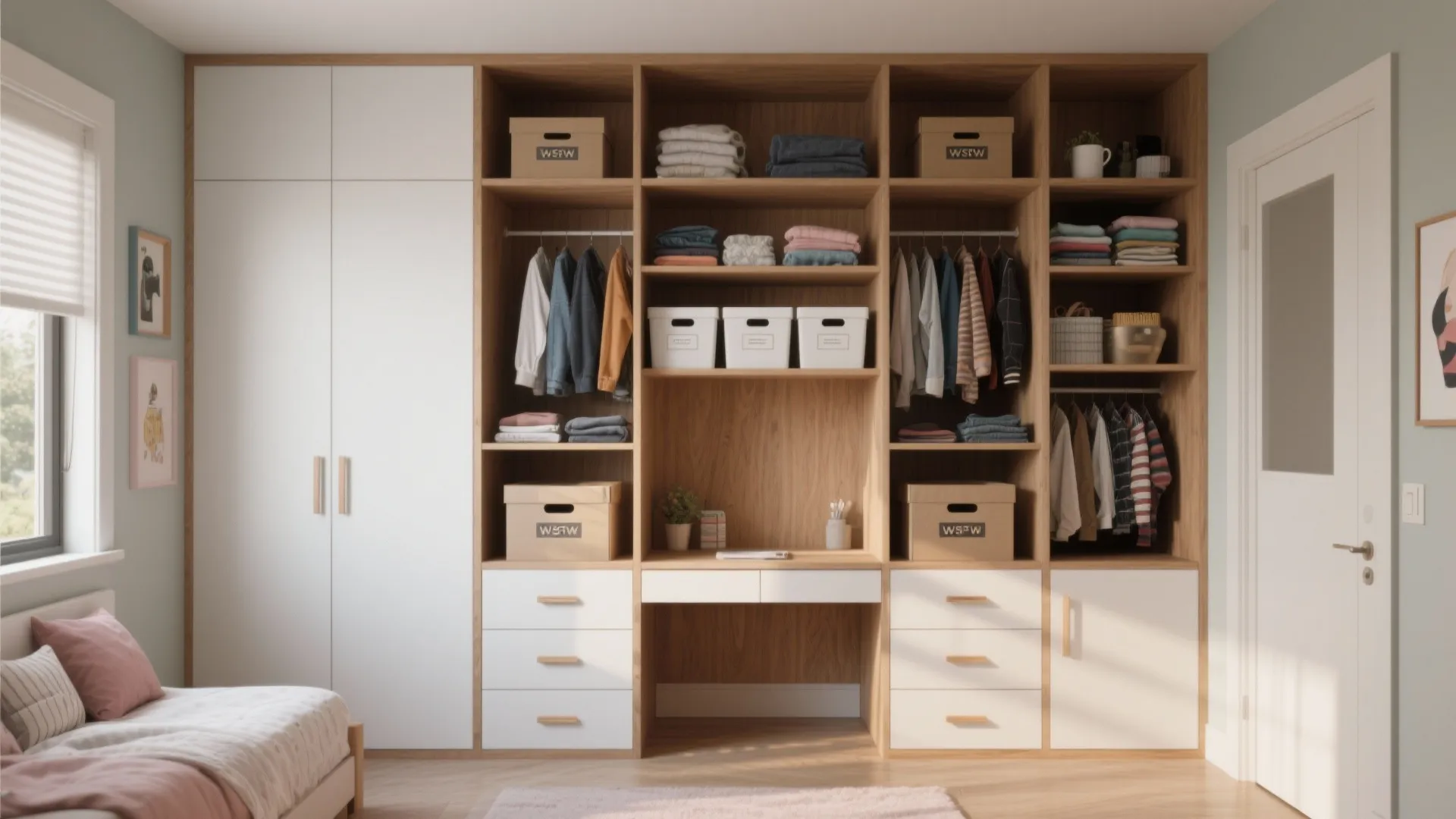 Large wooden wall cabinet with white doors featuring integrated desk space clothes storage and boxes
