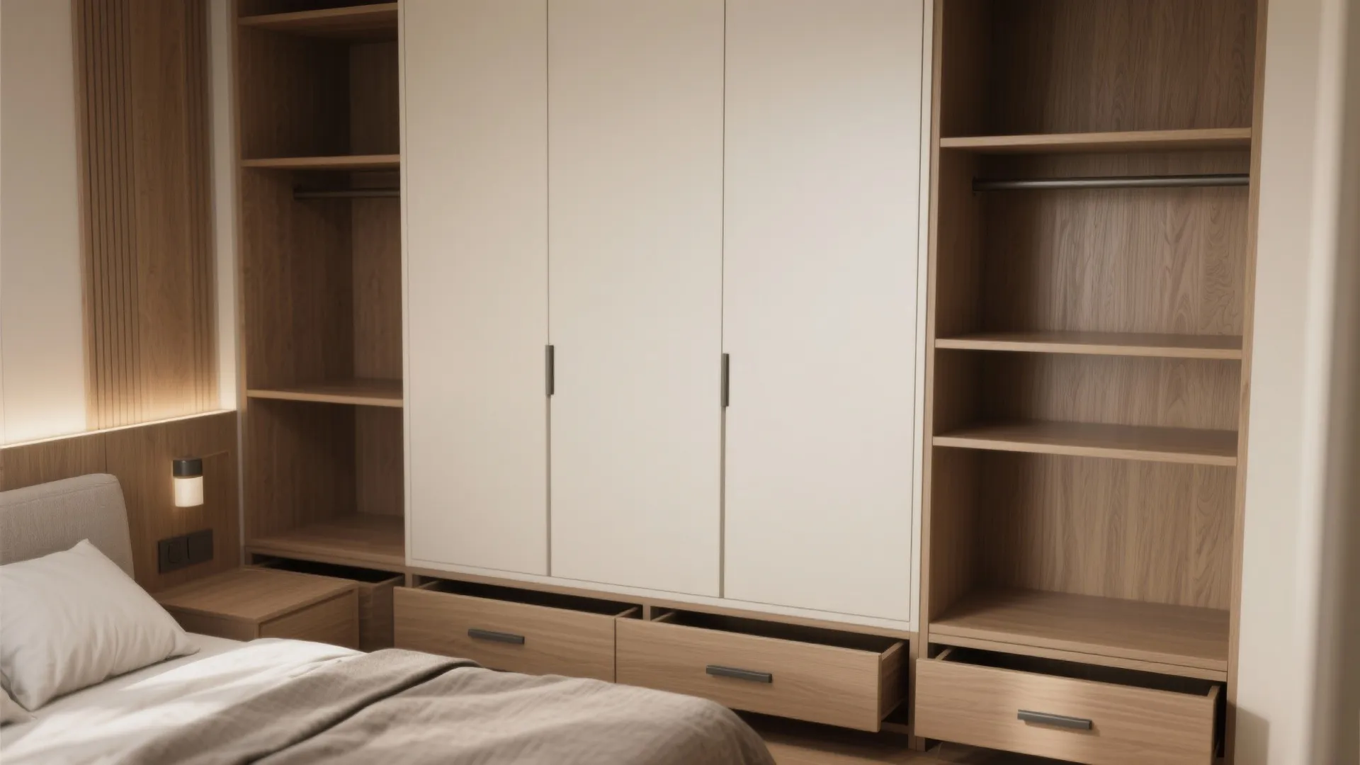 Modern wood cabinet with white doors open drawers next to a bed with warm lighting