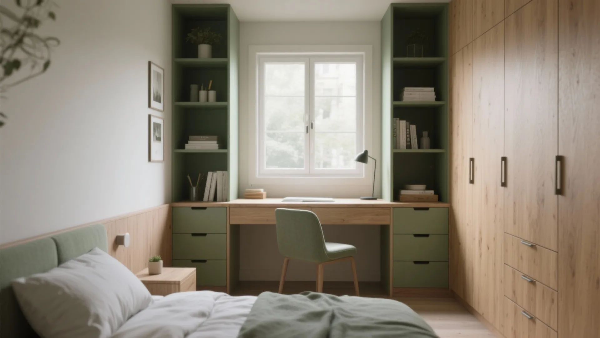 Modern bedroom featuring built-in green shelves, wooden desk, matching chair, and large wooden storage cabinet