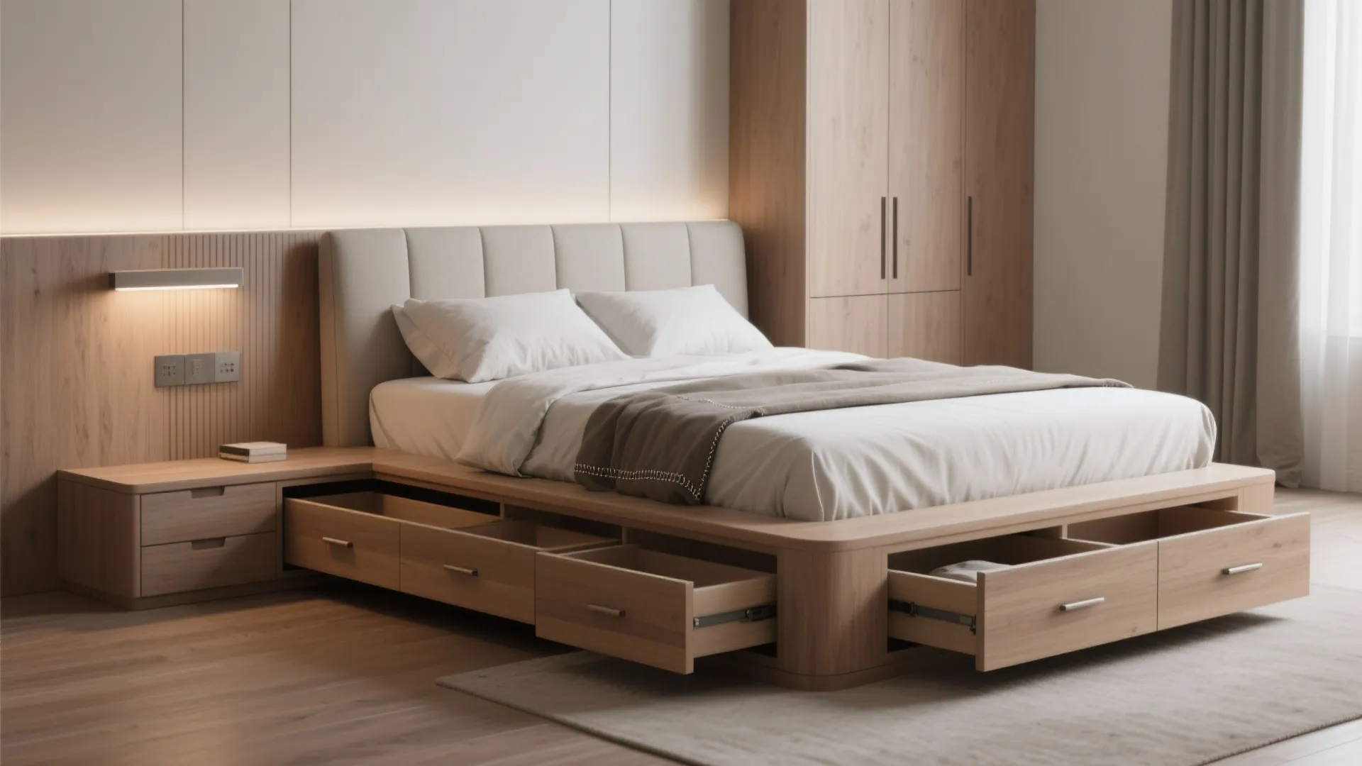 Modern wooden platform bed with built-in storage drawers under the frame and a large cabinet