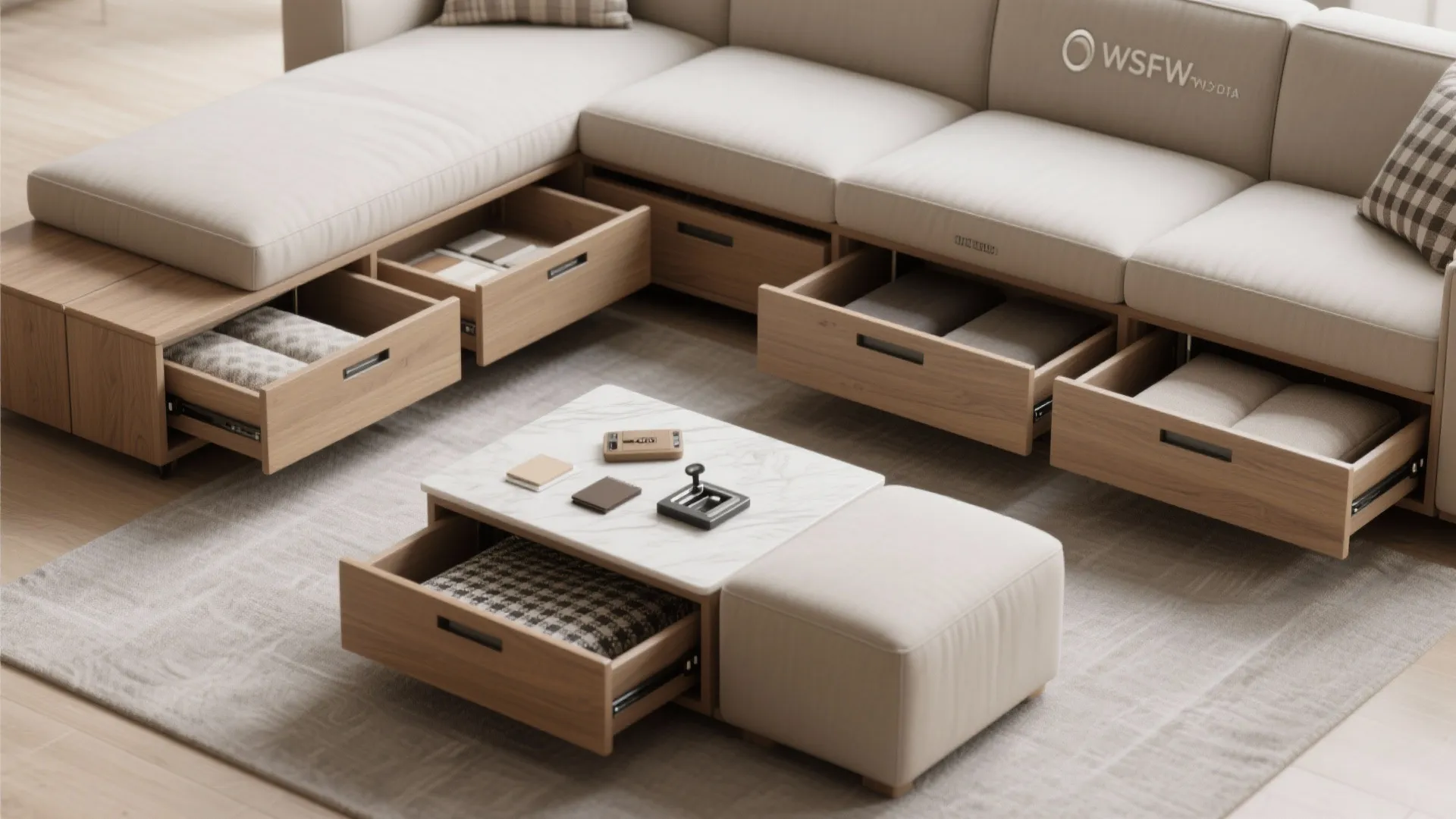 Beige sofa and marble top table featuring wooden storage drawers pulled out showing folded blankets