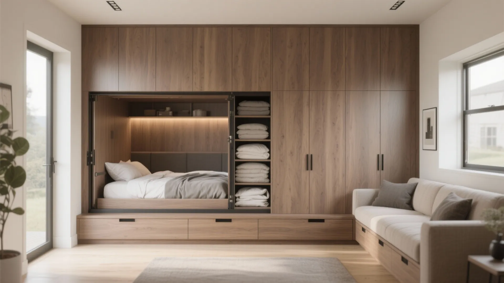 Large wooden wall cabinet with built in bed nook white pillows grey blanket and sofa