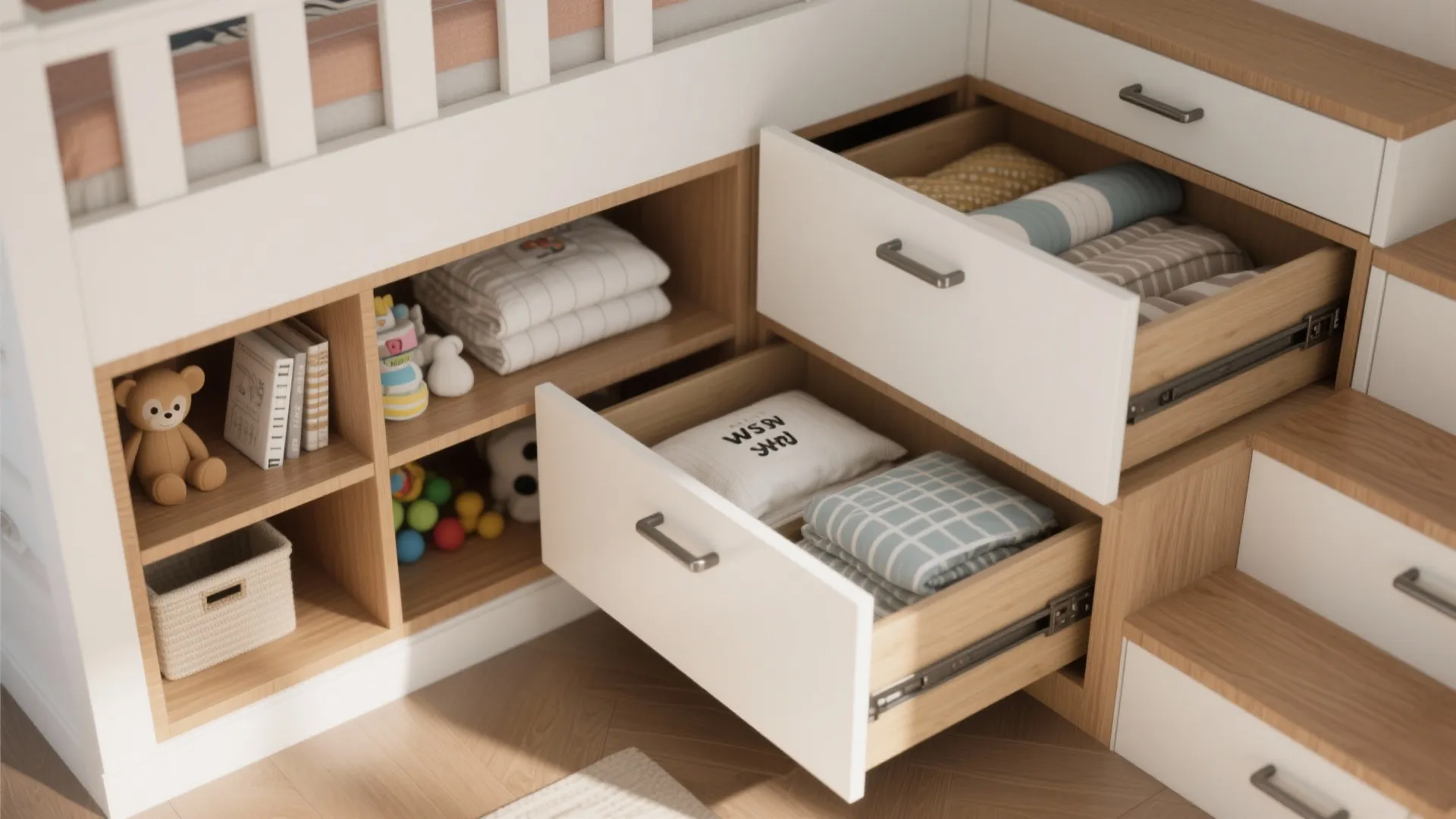 2. Built-in storage drawers and shelving