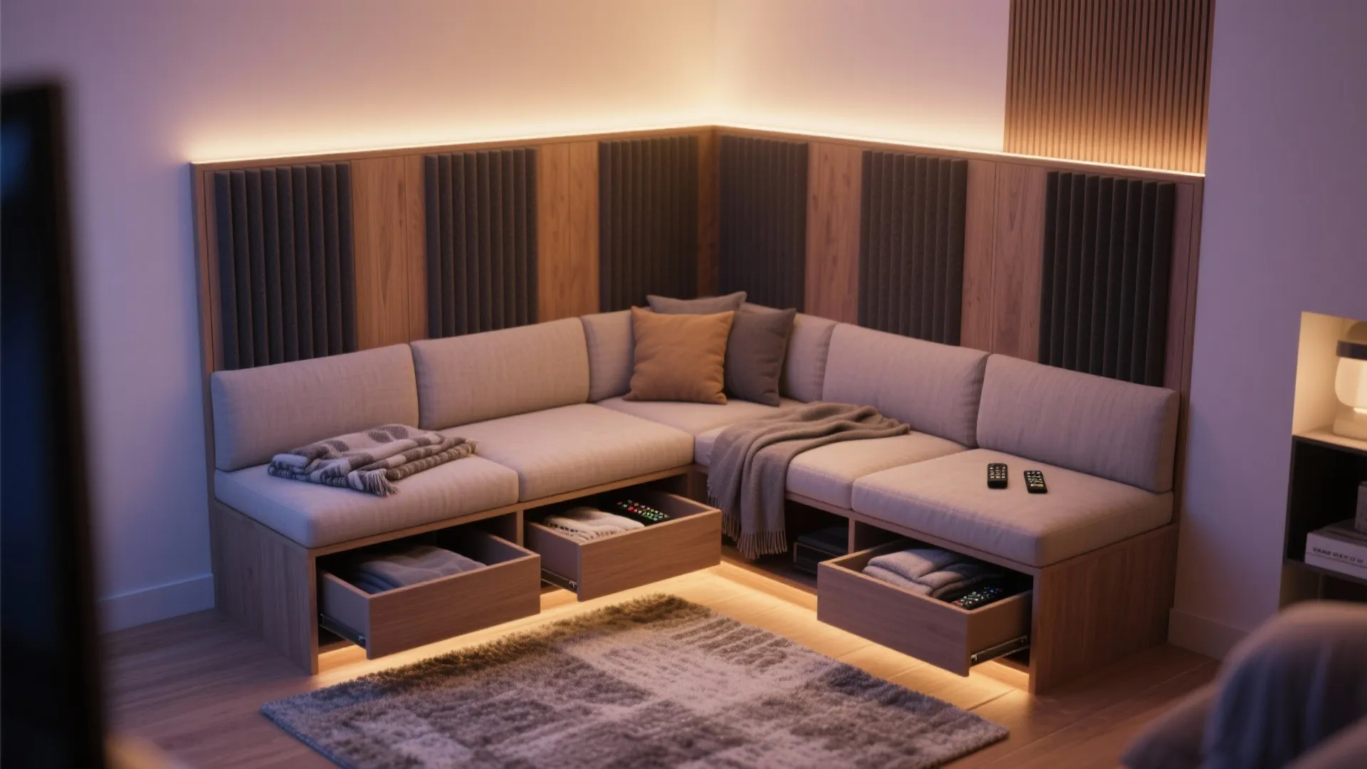 Corner sofa with open storage drawers showing clothes wooden wall panels and warm hidden lights