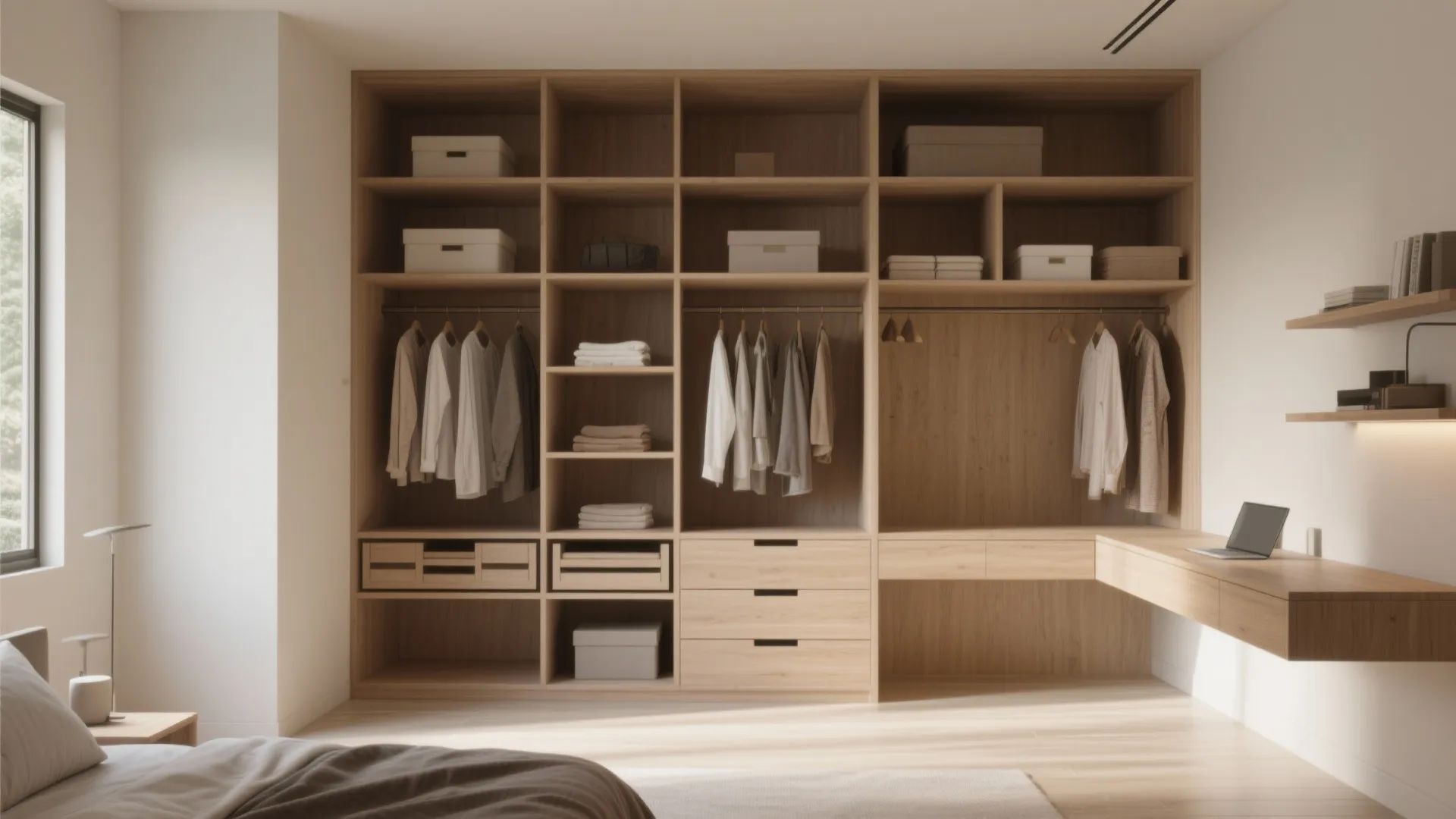 Shallow built-in storage wall with shelves, drawers, and hanging niches in a compact bedroom, keeping the center open.