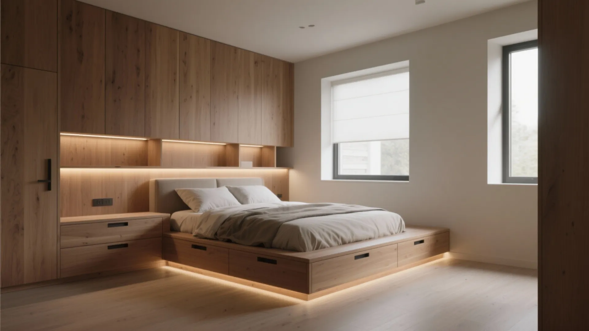 Modern wood bed with built in drawers and light strip below large wooden wall cabinet