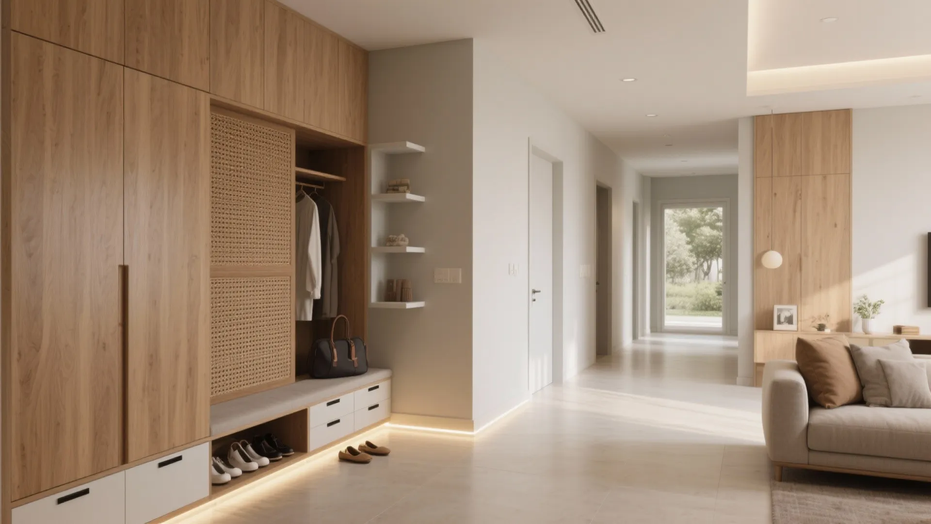 Modern wooden hallway storage with built-in cabinet and shoe rack plus a bright white hallway